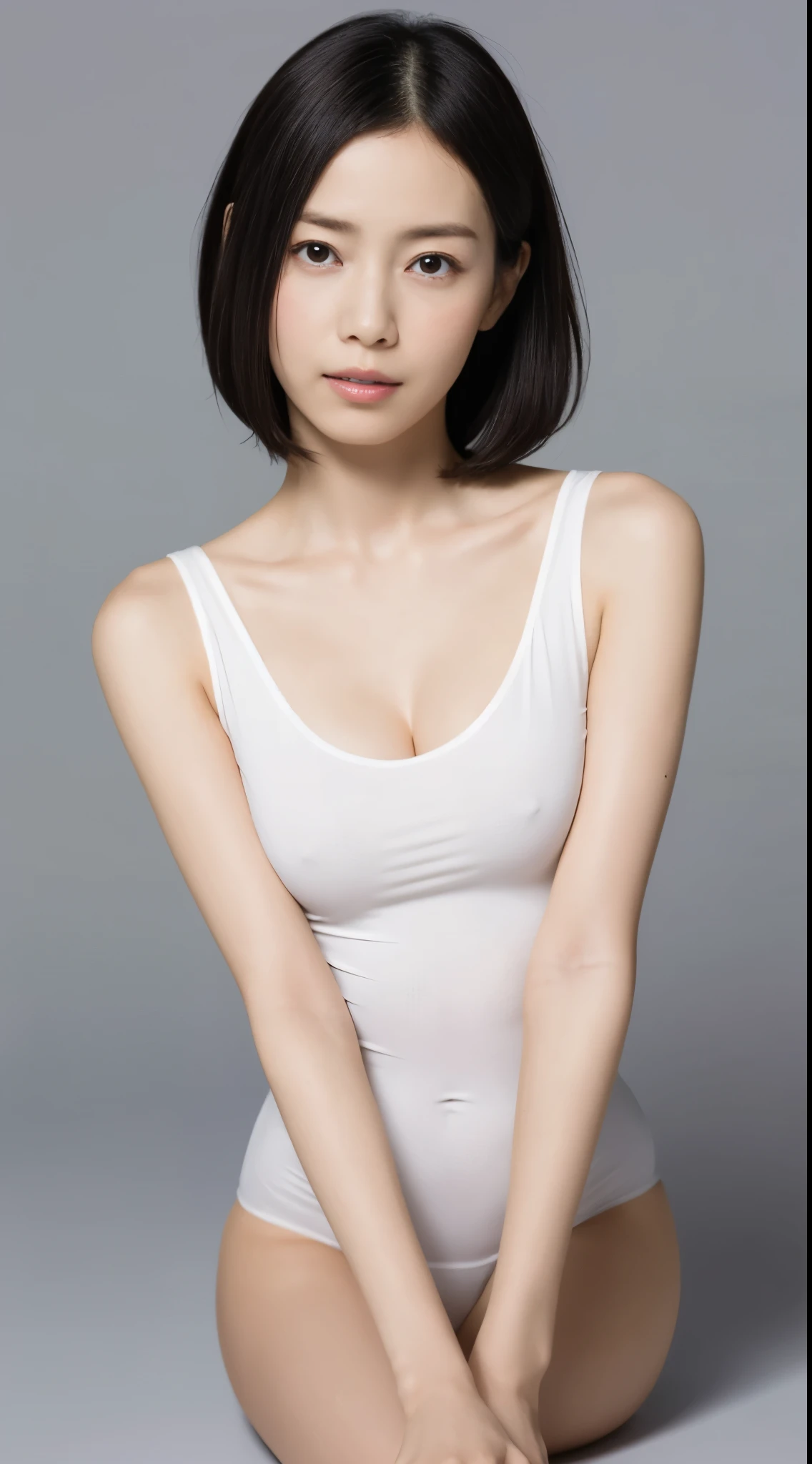 Japanese, Women of short stature, petite physique, Medium build, medium height, slightly plump, Short arms, single eyelid, long slit eyes, Ephemeral atmosphere, 30-year-old girl, black bob hair, ((thin lips)), white top and bottom underwear, muste piece, best quality, detailed skin, detailed eyes, ,8K, good anatomy, upper body portrait