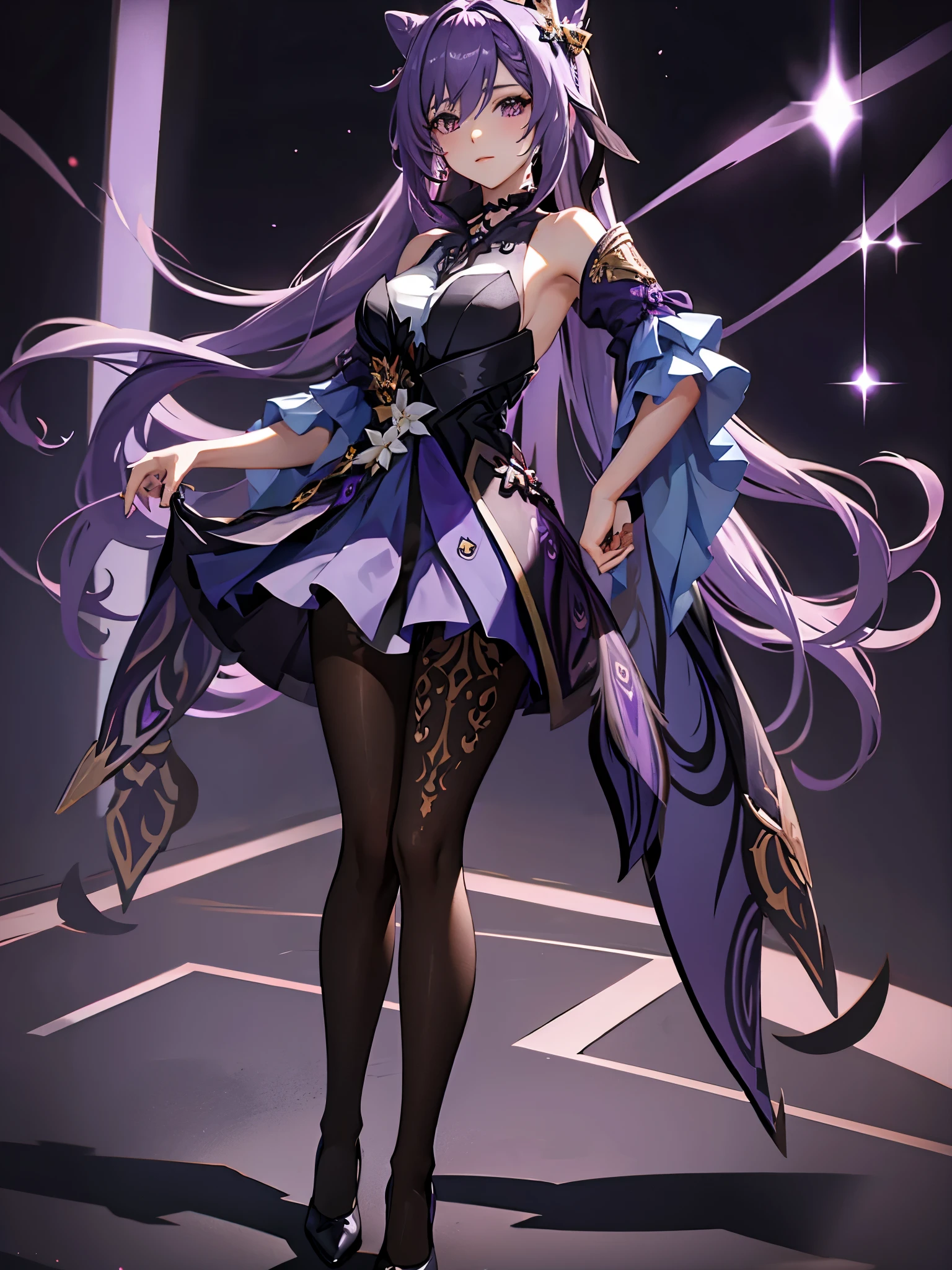 long purple gorgeous hair,sexy tights,purple glow black pantyhose,Full body Esbian,T Masterpiece