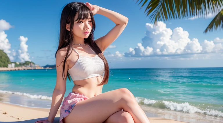 masterpiece , best quality , ultra detailed ,   beautiful Japan tiny bikini teenage girl  ,  breasts:1.1 , only bikini , summer , long black hair  , lying on beach , spread regs , pov 