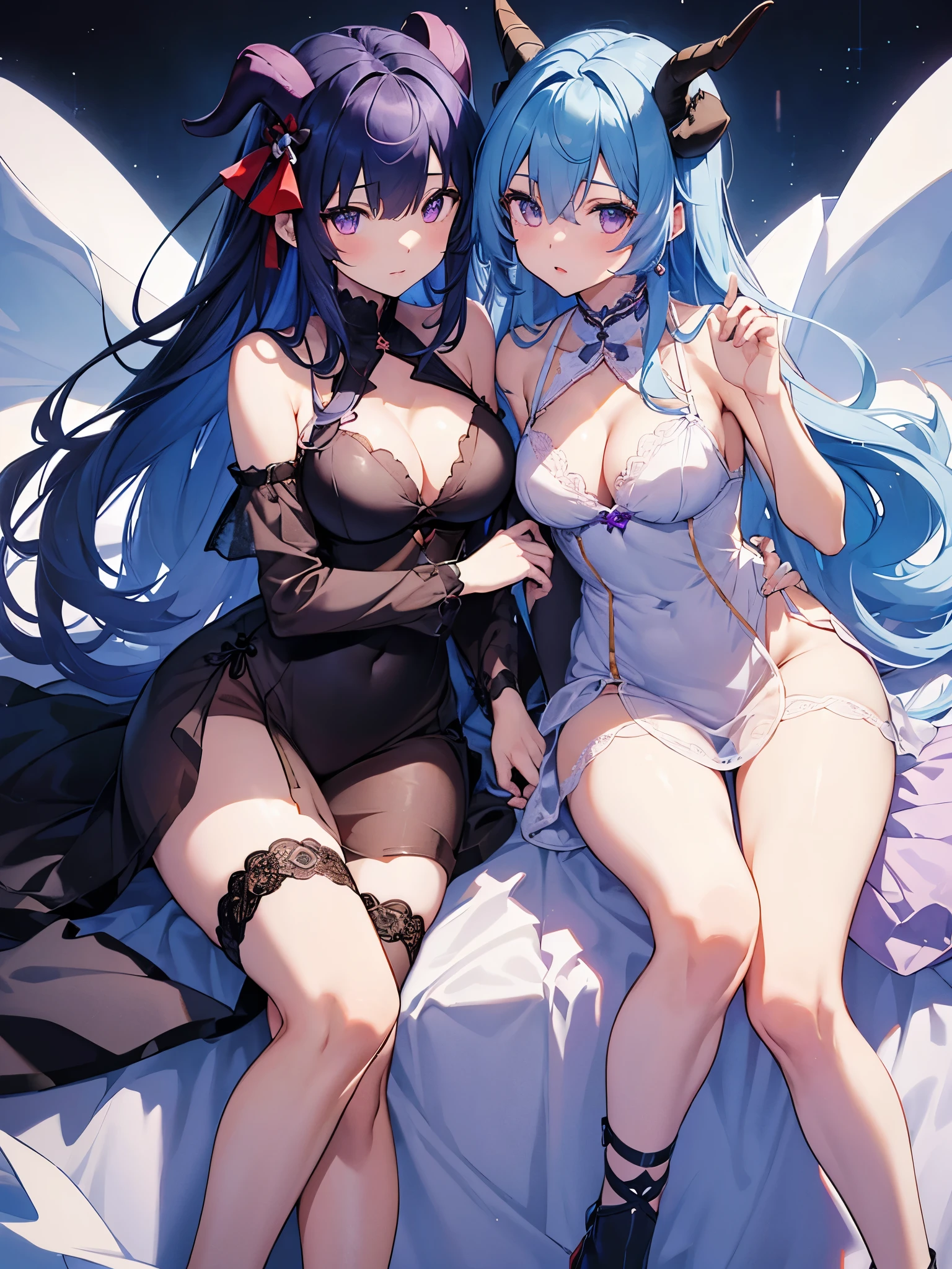 (Realism, real shoot, , -girl, Cosplayers), 8kK, 。.。.3D, Super detailed, smalldetailed,muste piece, best quality, 1 girl, solo, long hair, (big breasts, bangs, thighs, seductive transparent dress, nightwear, slim lace bra, slim lace panties, There is a cleavage in the chest, hair between eyes, bare shoulders, sitting on lap, very long hair, blue hair, eyes purple, Ahoge, thighs, parted lips, Horn, no sleeves, alternative costume, both armpits, slim dress, 白いthighs, cutouts of clothes, There is a cleavage in the chest cutout, black background, full body view, Goat horns, ganyu /(genshin impact/), ( ganyu ),