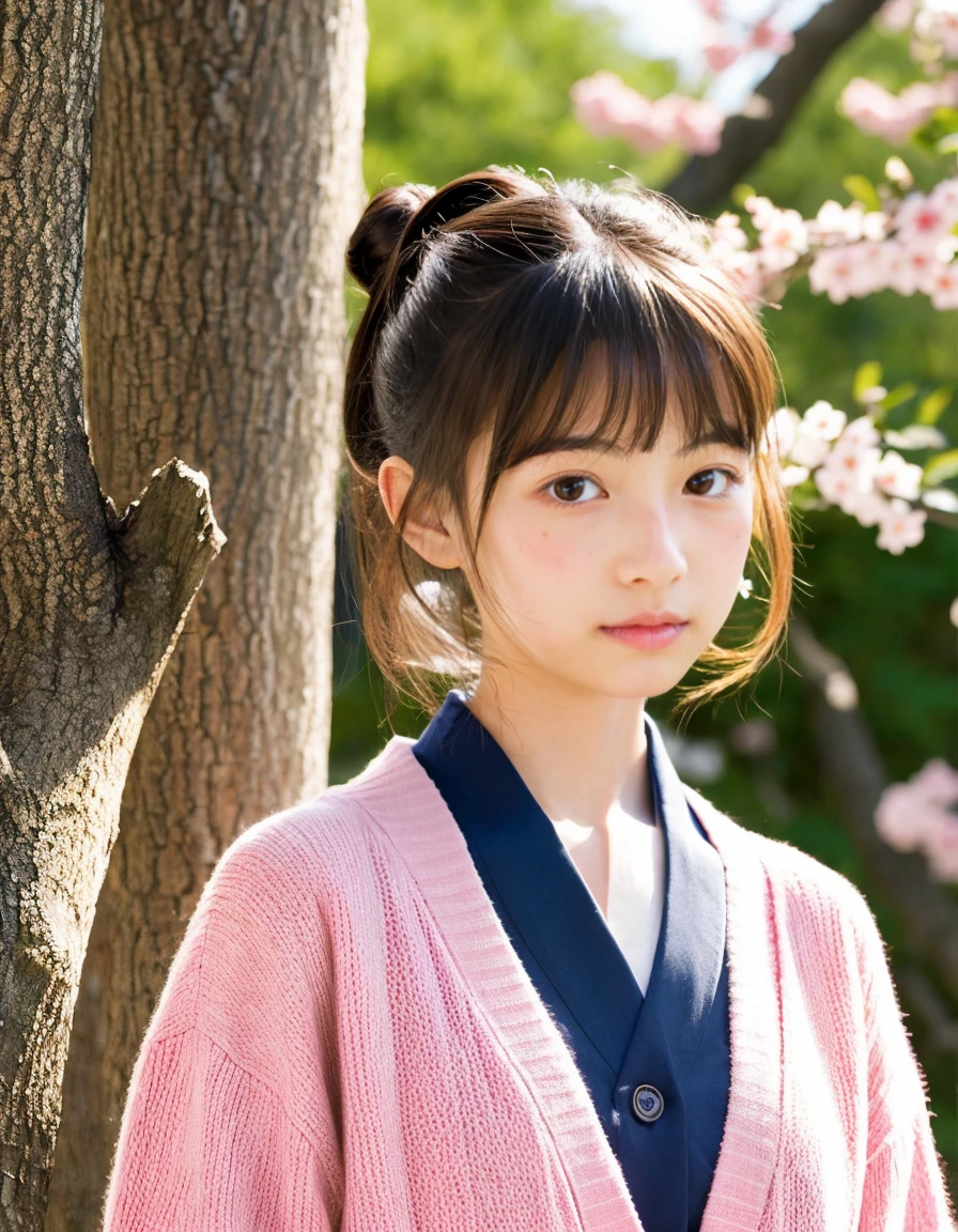 Japanese beautiful girl、、hatsuharu、Plum blossom、cardigan、hair scrunchie、bun hair、