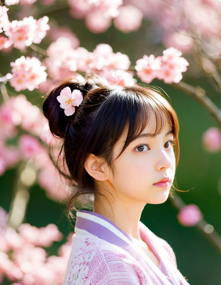 Japanese beautiful girl、、hatsuharu、Plum blossom、cardigan、hair scrunchie、bun hair、