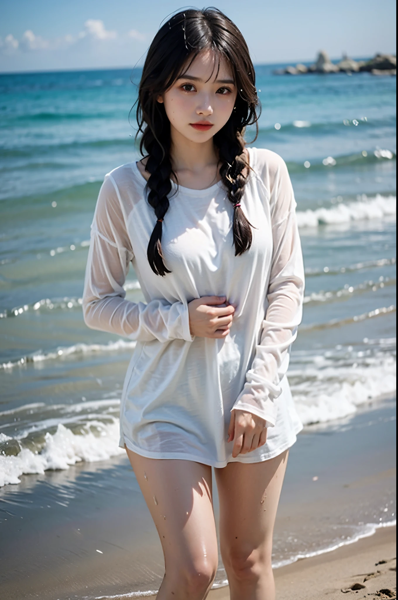 ((fully body photo:1.3))、((beautiful sea blue:1.2))、((White sandy beach))、(Cute profile)、(((All nude:1.3)))、(Highly detailed beautiful face of one young girl), Great look and best quality:1.4), (Ultra-detailed), (8k wallpaper), Highly detailed, High-definition raw color photos, Professional Photography, Realistic portrait, Amazing face and eyes, Brown eyes, in 8K、Detailed face of a very detailed beautiful girl、extremely detailed eye、highlydetailed skin、extremely detailed fingers、highly detailed nose、very detailed detailed mouth、Perfect Anatomy、细致背景、Detailed clothing、1 beautiful girl、(16:1.2)、sixteen years old、Cute *********** s、Realistic body、Model-like body shape、((Realistic Beautiful Girl))、小柄、de pele branca、glistning skin、Slim body、((Beautiful black hair))、((nogizaka  ))、((looking happy smile:1.2))、bangss: 1.5、kawaii faces、Lifelike face、Delicate eyes、((Playing in the sea with a loose see-through long camisole:1.3)), sixteen years old, ((jumpy))、(itting open legs)、Open your crotch、((raise your hands high and jump))、((Local parts are visible.......................))、((Thin pubic hair))、((tiny chest............)), depth of fields, full-shot、3women、japanes、age19、(beauitful face:1.5)、(Nothing is worn)、(Running on the beach)