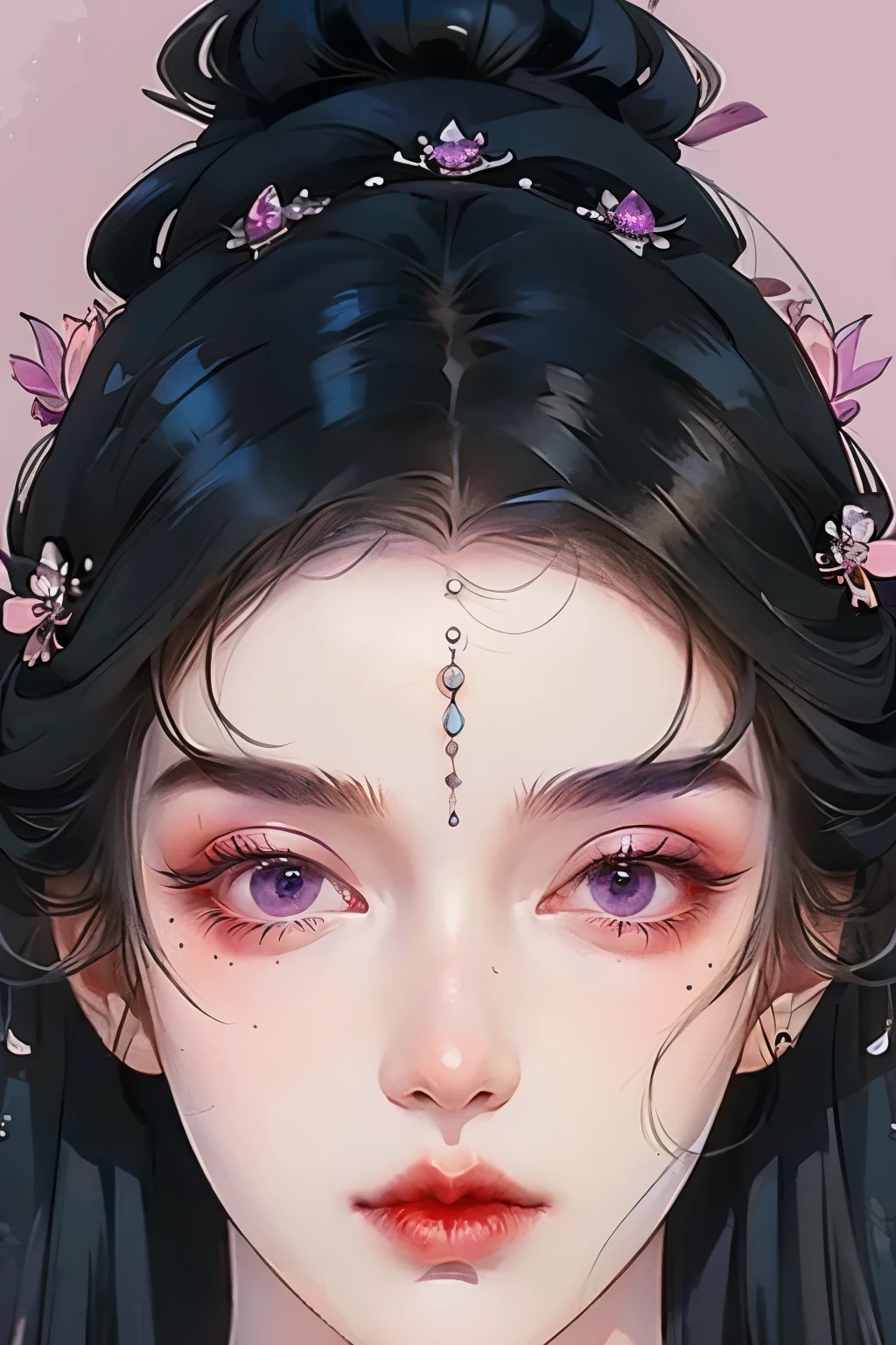 A woman with black wavy hair and purple eyes, Black alien armor, freckle, blush, eye shadow, cute face