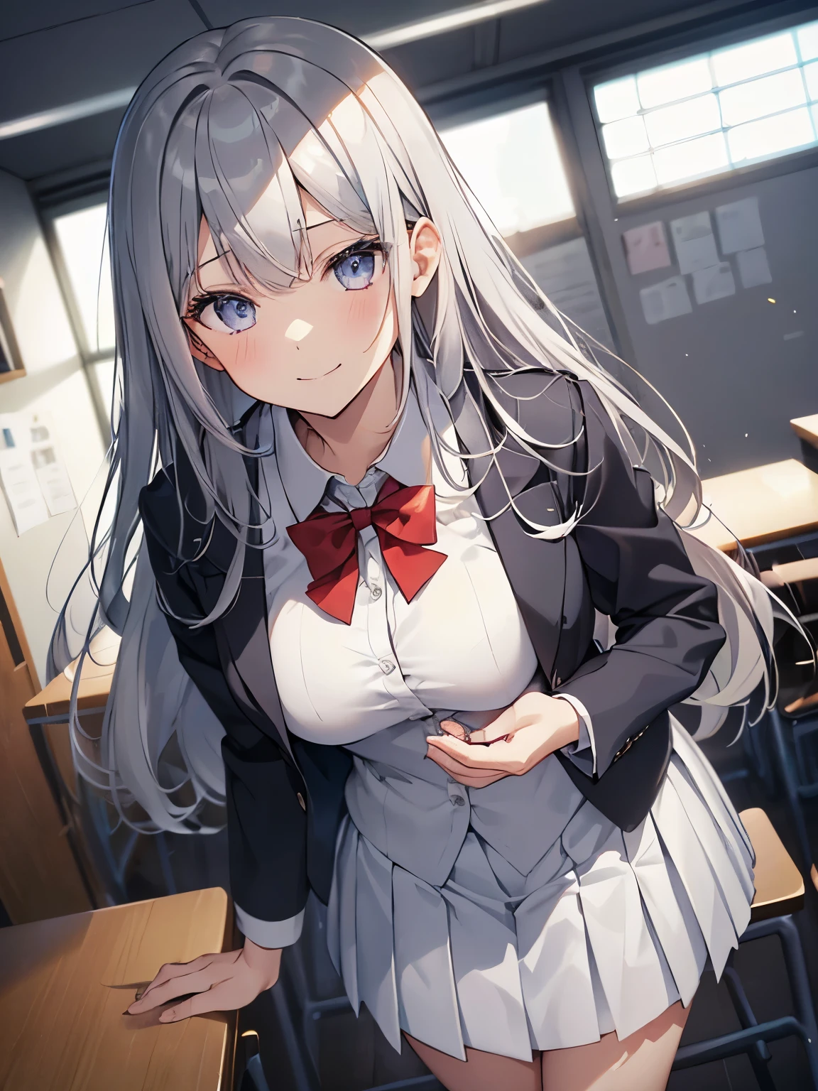 school classroom、椅子に座るsilver hairの少女、muste piece, best quality, High resolution, masterpiece、shot from below、Low - Angle、(1 girl),(Beautiful eyes in every detail、face to detail、masterpieceサイドライト、masterpiece、highest quality、detailed、High resolutionのイラスト),delicate makeup、POV handjob、smile、soft focus、background bokeh,eyes are black,bangs短いハーフアップヘア(((silver hair))), Hair color is a blue-gray gradient, bangs,semi-long hair, Extremely detailed, complicated, muste piece, disorganized、School uniform、((gray blazer))、((white shirt))、((navy pleated skirt))、 ((detailedに書かれた顔, red face:1.2)), ((Smooth texture:0.75, realistic texture:0.5, Anime CG style)), big breasts, dynamic angle, beautiful breasts, small ass、thin thighs、perfect body, dynamic pose, shy smile,