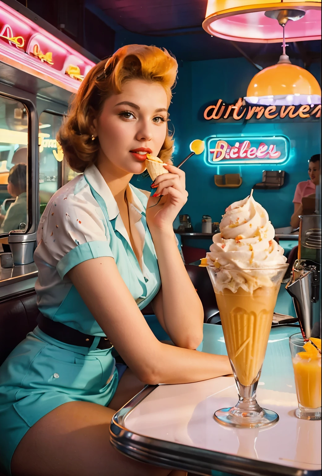 arafed woman sitting at a table eating a piece of ice cream, retro 5 0 s style, 50s style, 5 0 s style, 5 0 s aesthetic, at a 5 0 s diner, 1950s illustration style, by Art Frahm, in a classic 5 0 s diner, 1950s vibes, beautiful retro art