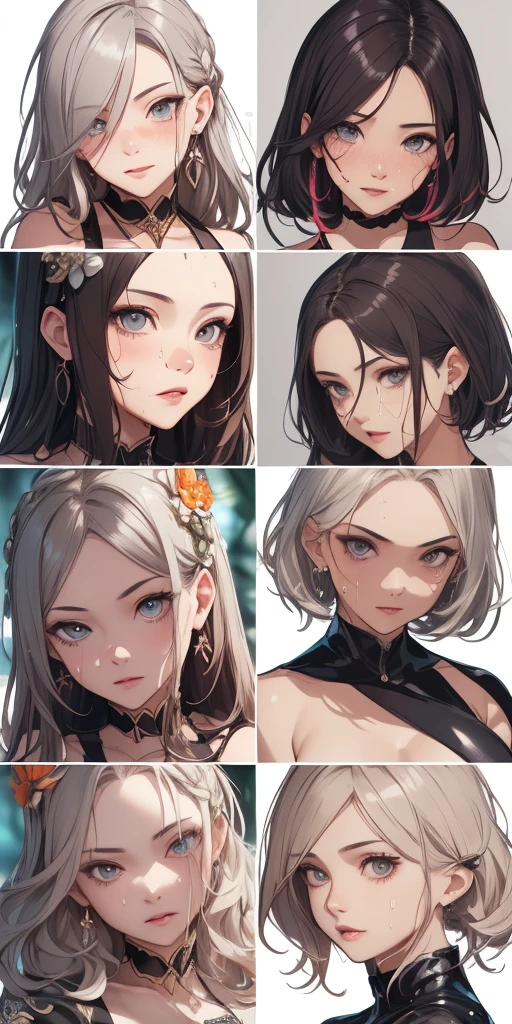 ((Masterpiece)),(((best quality))),(character design sheet, Same character...., front, side), beautiful girl,Drawing of a woman with gray hair and an orange shirt, Amazing anime face pictures, beautiful character drawings, beautiful anime pictures, Her image is shown in red., Presenting stunning effects. The drawings are very detailed., Show the woman's face and clothes.. Her face was dripping with cream., which makes the whole face look more radiant. She wore a beautifully detailed outfit and had pale gray hair.. The proportions are precise., And the costumes of the female characters are dressed according to tradition., Revealing the classic charm, shout, sparkling eyes, Highly detailed, ((4 expressions)), Jungle Theme, ((ตกสะเก็ดบนใบfront, glossy lips, shiny skin, (((มีสี่frontเท่านั้น))), (((References only four)))