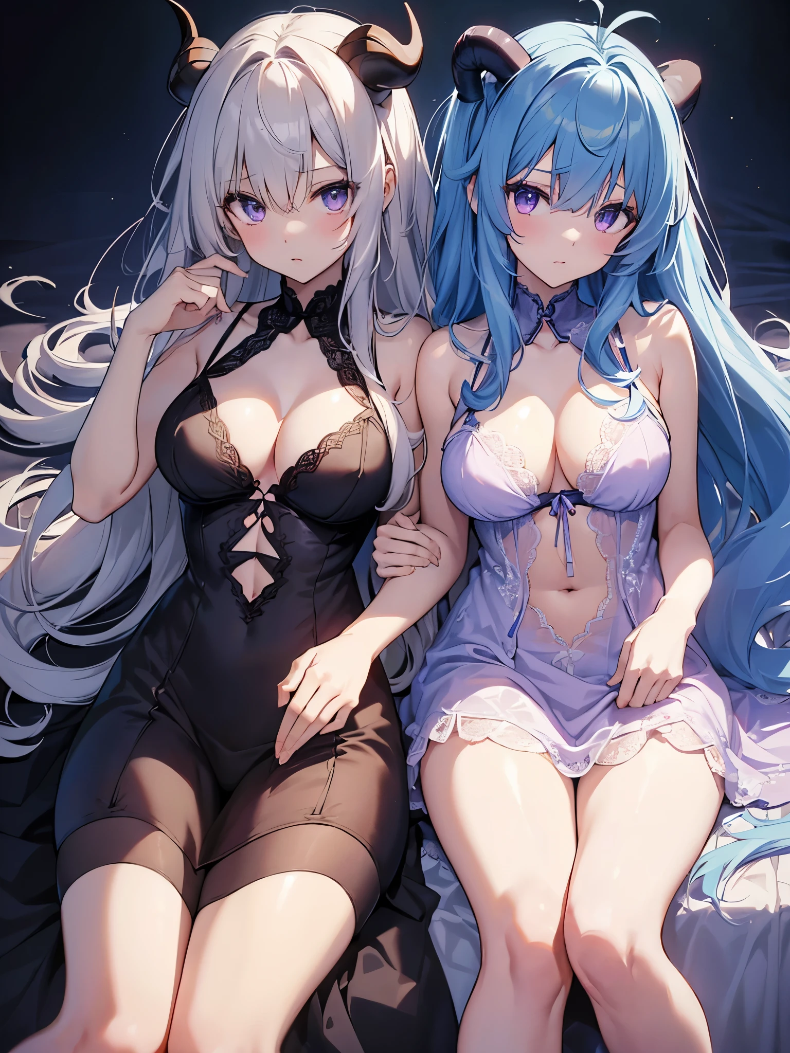 (Realism, real shoot, , -girl, Cosplayers), 8kK, 。.。.3D, Super detailed, smalldetailed,muste piece, best quality, 1 girl, solo, long hair, (big breasts, bangs, thighs, seductive transparent dress, nightwear, slim lace bra, slim lace panties, There is a cleavage in the chest, hair between eyes, bare shoulders, sitting on lap, very long hair, blue hair, eyes purple, Ahoge, thighs, parted lips, Horn, no sleeves, alternative costume, both armpits, slim dress, 白いthighs, cutouts of clothes, There is a cleavage in the chest cutout, black background, full body view, Goat horns, ganyu /(genshin impact/), ( ganyu ),