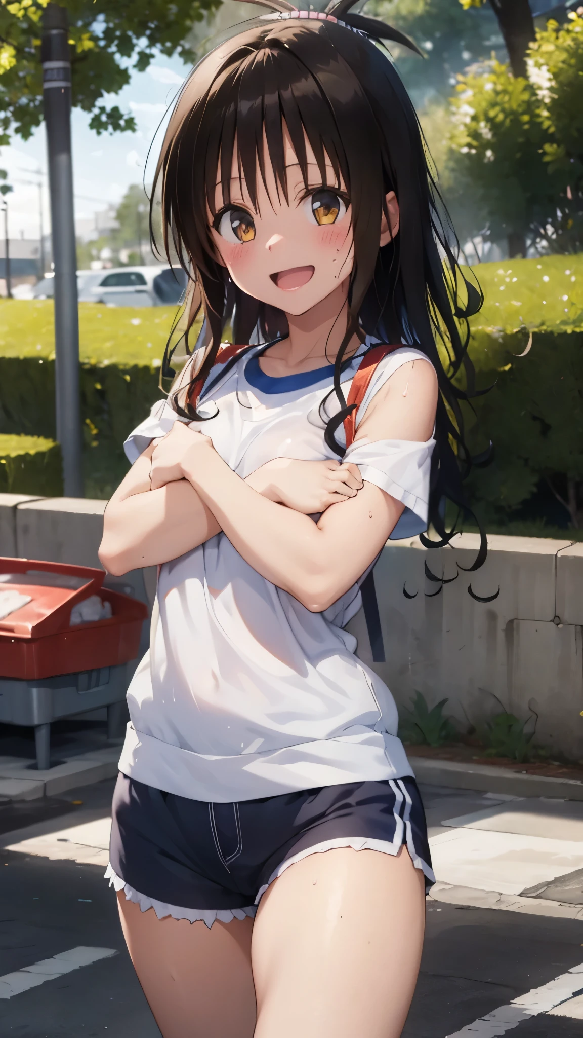 1 female,black hair,((************)),(((White and blue short sleeve gym clothes and shorts)))(((blush、open mouth smile)),(((Yuki Mikan))),crowd(Baby girl body shape)(((small breasts)))sexy pose,((wet with sweat))Outside playground