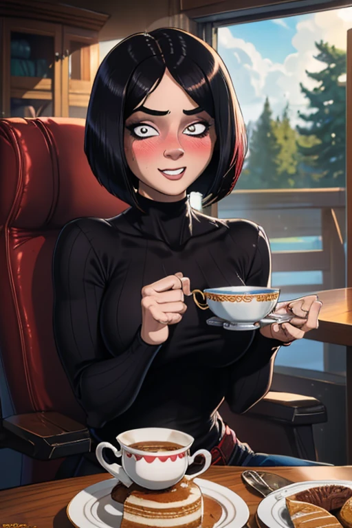 (masterpiece, best quality:1.2), , shadman, 1girl,  chin length hair, short hair, dark bob cut, thick hair, center part, undercut nape, stacked bob, voluminous hair, luxurious hair, in her 30s pink sweater, teacup, solo, sweater,  cup, ribbed sweater breasts, large breasts, smile, food, cake, sitting, short hair, looking at viewer, chair, plate, holding, saucer, blush 