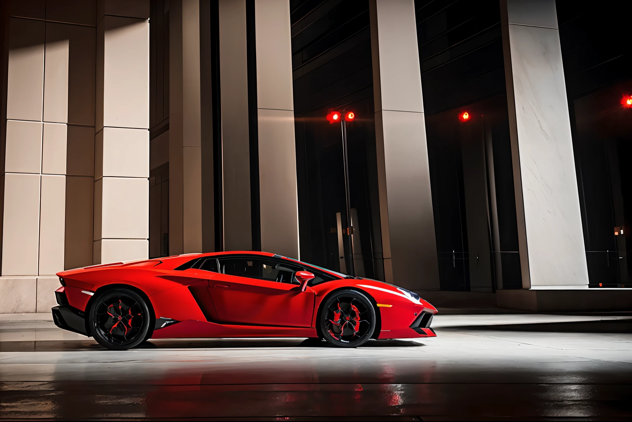 red lamborghini aventador　　Precision and high quality　Realistic three-dimensional feel　beautiful background　Parked on the street in front of the marble entrance of a luxury condominium.　beautiful lighting　beautiful street　stylish apartment　(shot from the side:1.3) beautiful night lights　city of temptation