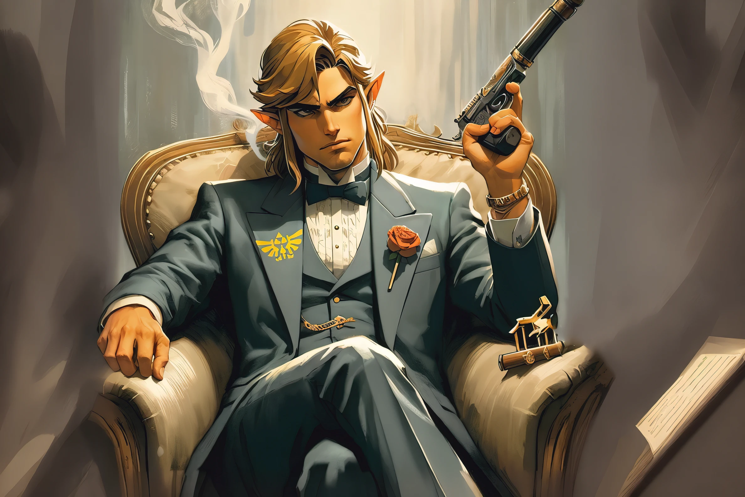 there a man sitting in a chair holding a gun, zelda style art, zelda twilight princess, a portrait of link, twilight princess, the legend of zelda, legend of zelda, from legend of zelda, zelda, link the movie, leyendecker style, part leyendecker style, j. c. leyendecker 8 k, hyrule, comic cover art, GREEN TUXEDO
