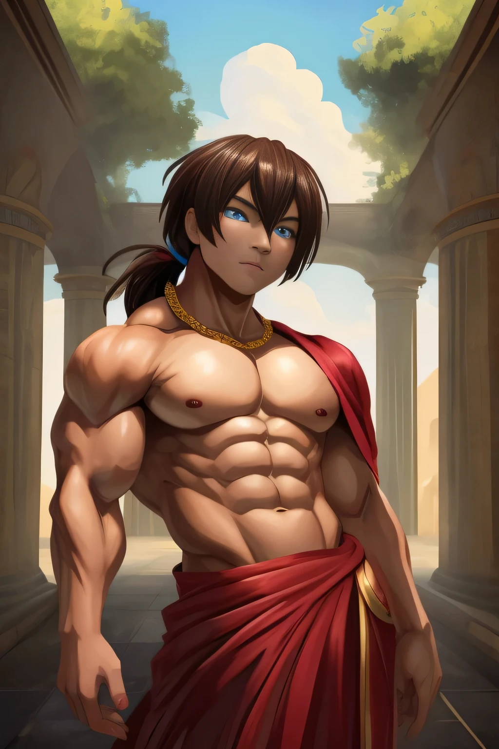 TANNED BOY. Conan Exiles style, standing in front, (((((front))))) Full body volumetric lighting, muscles highlighted by light, Front light, Young bodybuilder, clean-shaven, Warrior, has no chest hair () (Young face), Tanned skin (swarthy skin), muscular body (Good anatomy) Mexican facial features, dark brown hair, hair blown by the wind, Hair in a ponytail with bangs falling over the forehead and on Both Sides of Face, White Sclera, Blue Eyes (Detailed Eyeig Eyelue Eyeace, Top Rated Pixiv, loose-fitting silk v-neck shirt, prominent pecs and abs, noticeable biceps, Gold Necklace with a Gem, Silk Pants, Belt of elegant cloth, expensive clothes, gold beads and gems, beautiful face, young face, perfect face, ornated temple in a oasis behind it, Sunny day, Few clouds in the sky.