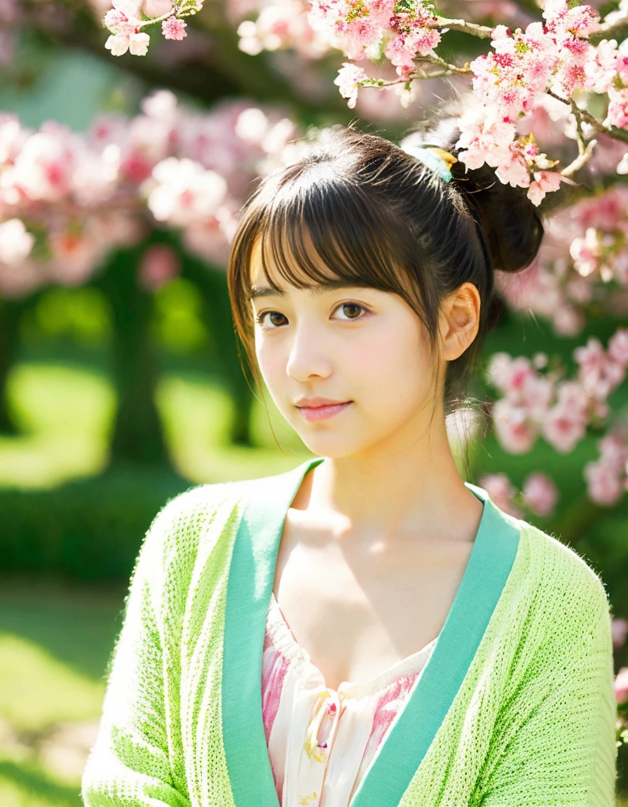 Japanese beautiful girl、、hatsuharu、(Plum blossom)、light green cardigan、hair scrunchie、bun hair、