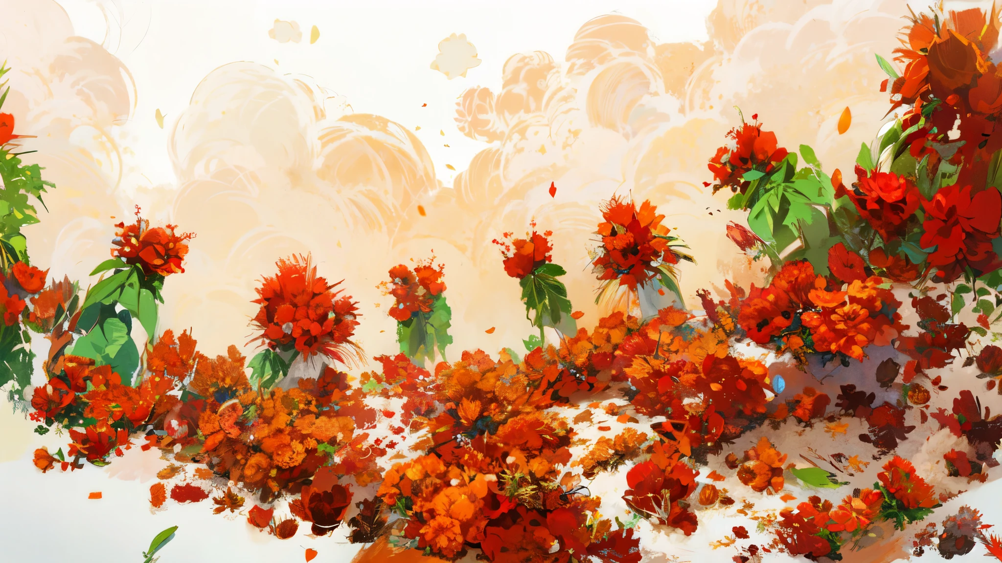 Many red flowers and white vase on white background, 鲜flower explosion, many flower, Different types of red flowers, made of colorful dried flowers, An explosion of colorful flowers, Flower beds on the floor, flower explosion, many flowers, bouquet, beautiful high resolution, no background, made of dried flowers, flowers explode and, falling petals,Two-dimensional style,anime style