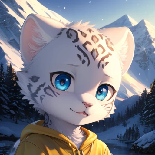 (best quality,highres,masterpiece:1.2),ultra-detailed,Gold-slime-clothed snow leopard cub,beautiful detailed eyes,sharp focus,extremely detailed fur,playful expression,cute,a snowy mountain background,pure white snowflakes falling,soft lighting,realistic,photorealistic:1.37,portrait,subtle pastel colors