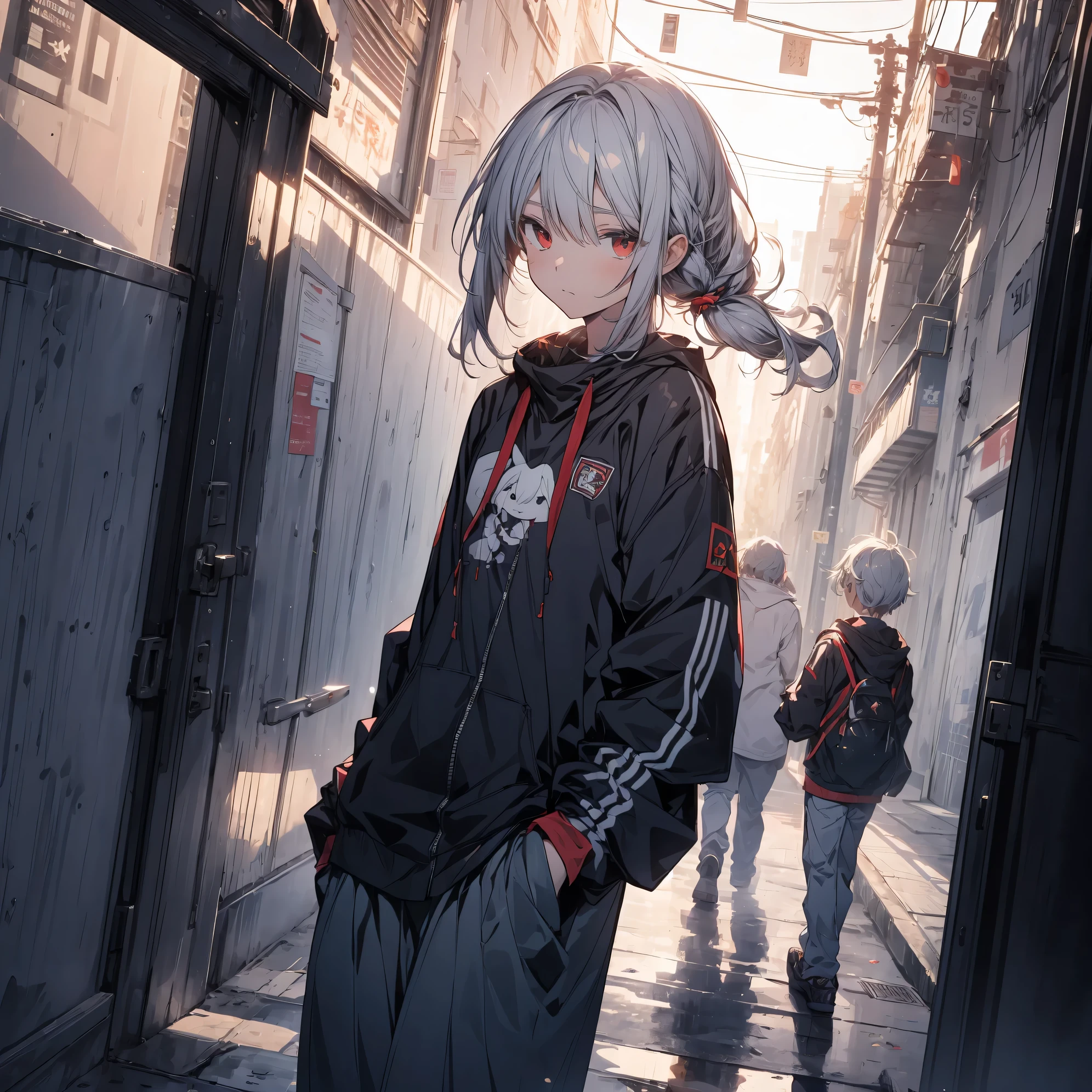 Super high quality by the art god, super detailed, High resolution,  Komaeda Nagitofu,  anime moe art style, best anime 8K konachan wallpaper, pixiv contest winner, perfect anatomy, break,(眠そうにalone学校へ行く女の子を描いてください. ),break, surreal girl, (alone,change, child,13 years old:1.3),All limbs, full finger,Middle school students, ((black skin)), androgynous charm, (silver hair), messy hair, Ahoge, flat and soft chest, small ass, between legs, small eyes,beautiful detailed red eyes, Well-proportioned iris and pupils, High resolutionの詳細な髪,wearing a tank top, (skirt), On the way to school. break,super dense skin, Best lighting by famous artists, 8K, figure,