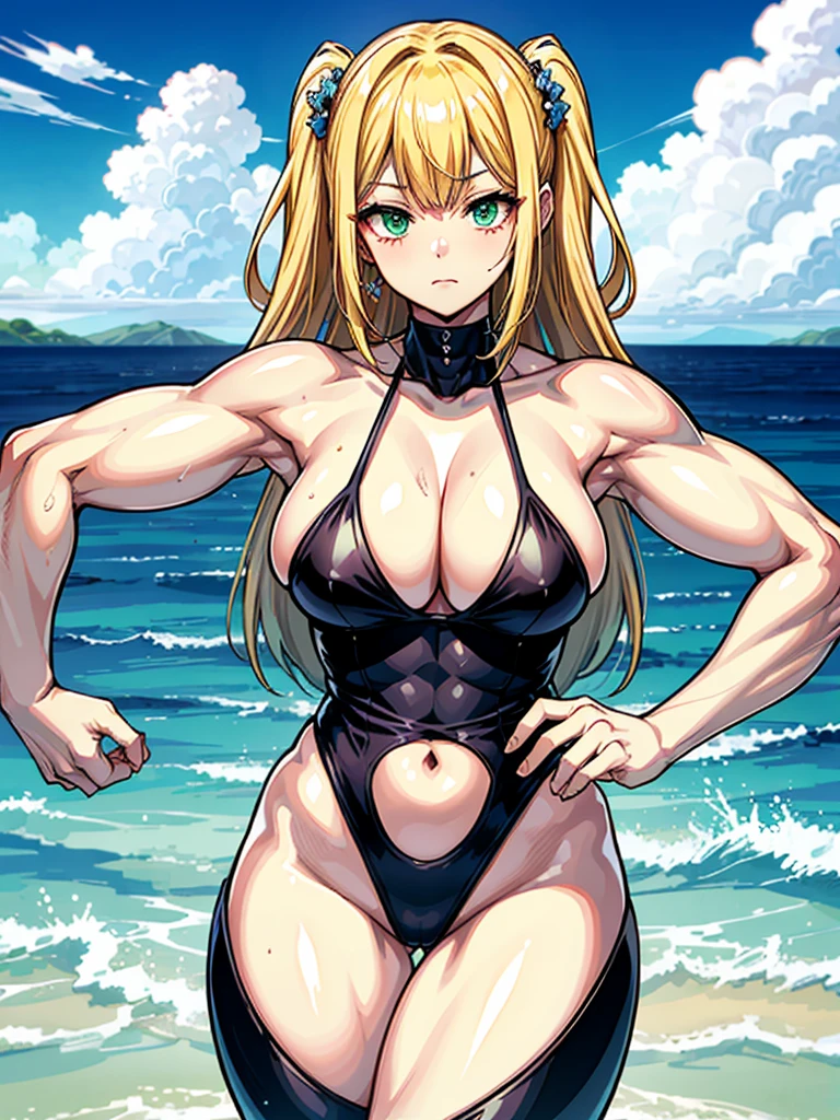 (((masterpiece、Highest image quality、highest quality、highly detailed unity 8kwallpaper)))、((Illustration of one girl))、(((beautiful girl)))、((blonde、two side up、sidelocks:1.6、green eyes))、(((tall:1.4、stocky build:1.6, thickset physique:1.7, muscular legs, broad shoulders:1.7, solid chest:1.6)))、swimsuit、sandy beach