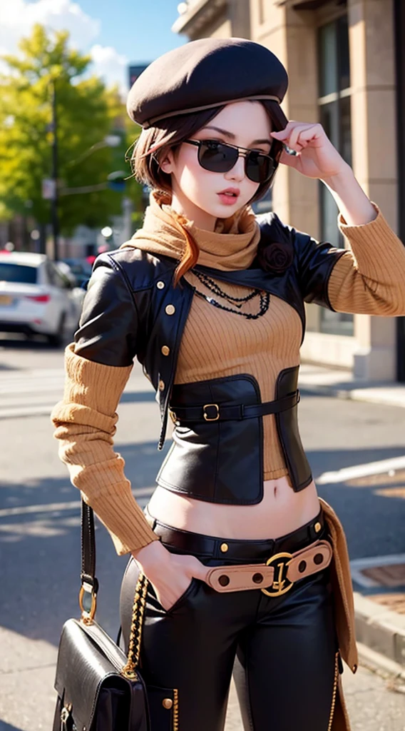 (masterpiece, best quality:1.2), cowboy shot, solo, 1girl, coco adel, grin, looking at viewer, hand on hip, beret, sunglasses, orange sweater, corset, black gloves, pants, jewelry, belt, bandolier standing in street, steampunk city, tall buildings