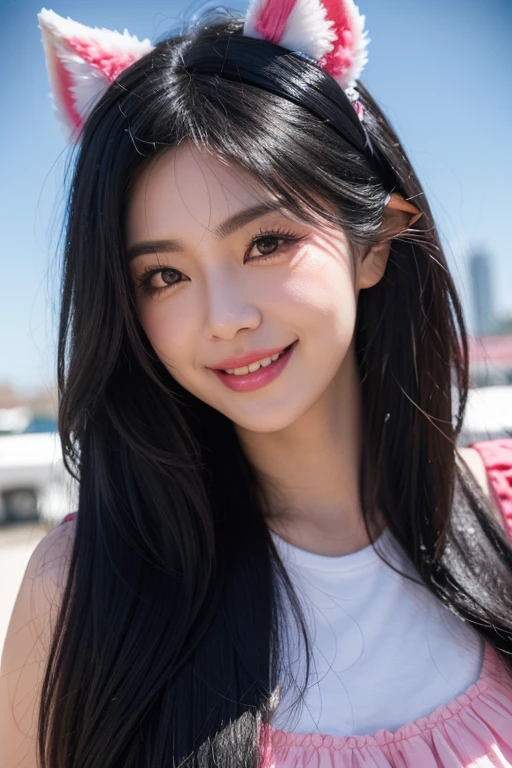 black hair, hair bobbles, wince, longeyelashes, solid circle eyes, fake animal ears, light smile, ear blush, fang, Surrealism, drop shadow, anaglyph, stereogram, tachi-e, pov, atmospheric perspective, 8k, super detail, ccurate, best quality