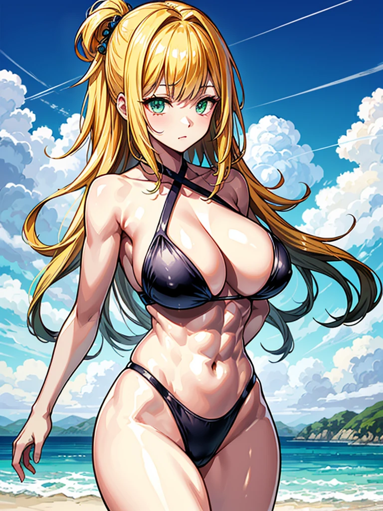 （（（masterpiece、Highest image quality、highest quality、highly detailed unity 8ｋwallpaper）））、（（Illustration of one girl））、（（（beautiful girl）））、（（blonde、two side up、sidelocks：1.6、green eyes））、（（（tall：1.4、stocky build：1.6, thickset physique：1.7, muscular legs, broad shoulders：1.7, solid chest：1.6）））、swimsuit、sandy beach