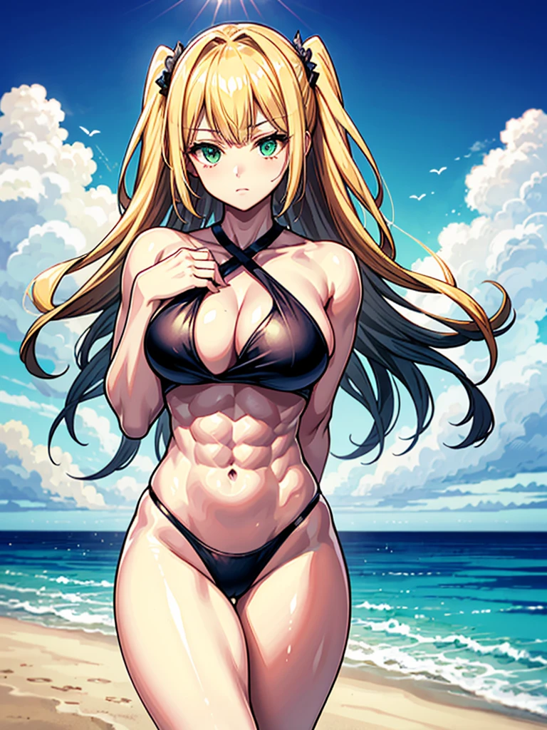 （（（masterpiece、Highest image quality、highest quality、highly detailed unity 8ｋwallpaper）））、（（Illustration of one girl））、（（（beautiful girl）））、（（blonde、two side up、sidelocks：1.6、green eyes））、（（（tall：1.4、stocky build：1.6, thickset physique：1.7, muscular legs, broad shoulders：1.7, solid chest：1.6）））、swimsuit、sandy beach