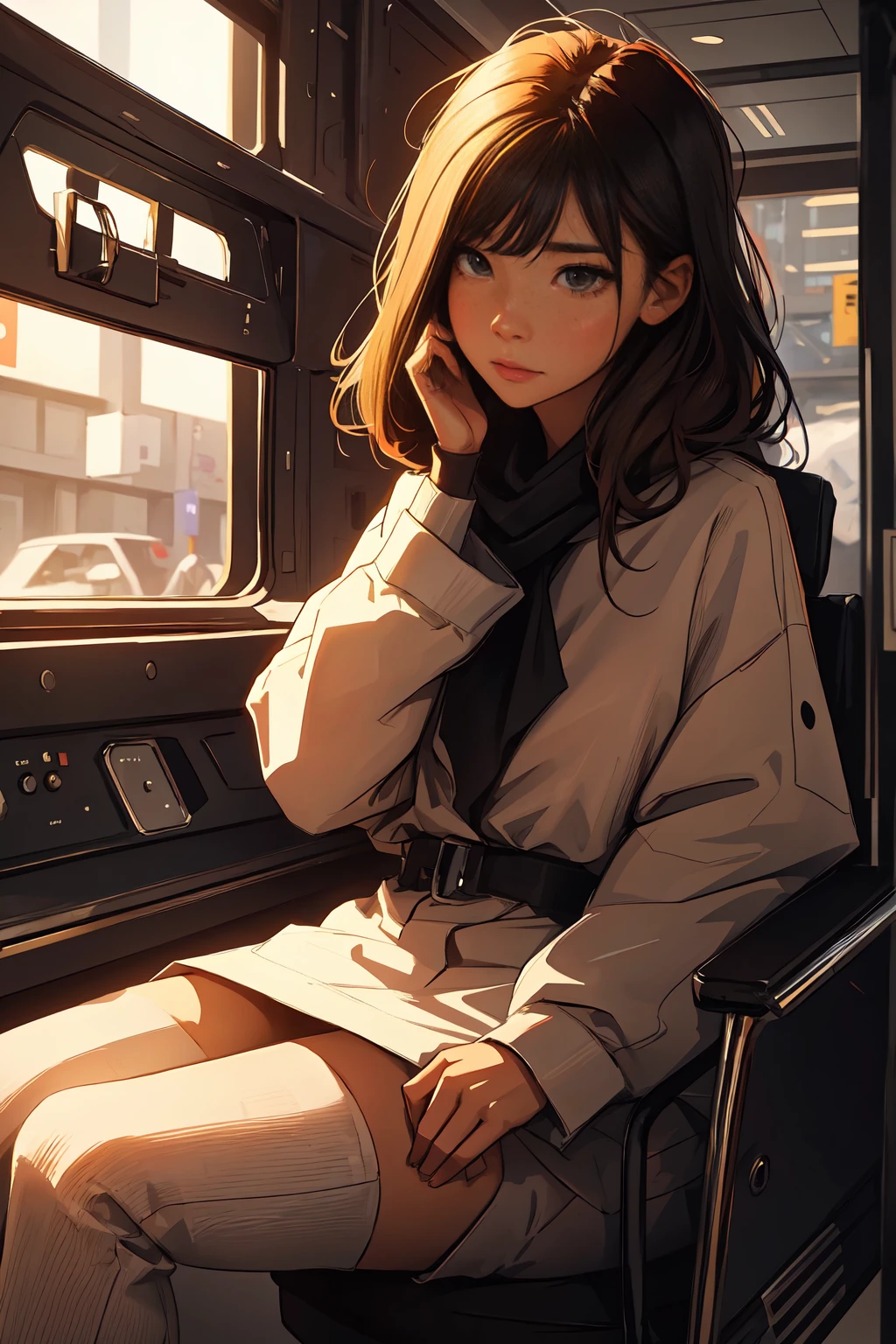 A girl sitting, squating, looking down, looking at the viewer, from below, (best quality, highres, masterpiece:1.2), ultra-detailed, realistic:1.37, precise facial expression, detailed hair and clothing, vibrant colors, soft lighting, bokeh, oil painting, emotional, thought-provoking, artistic composition.