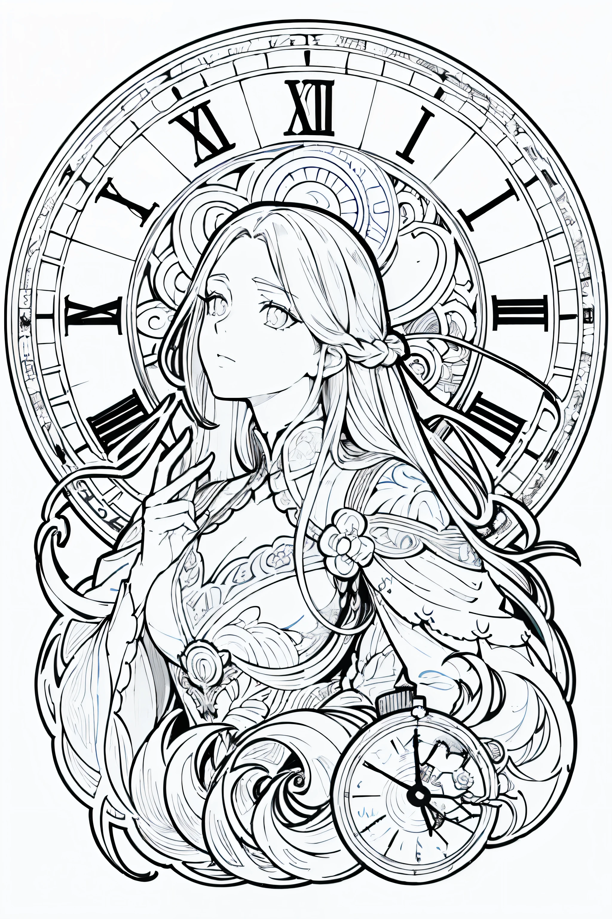 Painting of a woman with long hair and a clock, Beautiful line art, black and white line art, Beautiful line art, Very fine ink marks, high detailed official artwork, Black line art on white background, artwork,Undrained black, coloring book, 非常detailed精美扇子艺术, black ink strokes, Fantasy fan art, Yoshihiko Wada, Anime New Art Universe Exhibition,Artwork by Alphonse Mucha ,draft,Only character lines and scenes will have their colors removed...., not a shadow.,(masterpiece, best quality, high resolution:1.4), detailed, intricate details, 10, color splash, line art, Fibonacci,