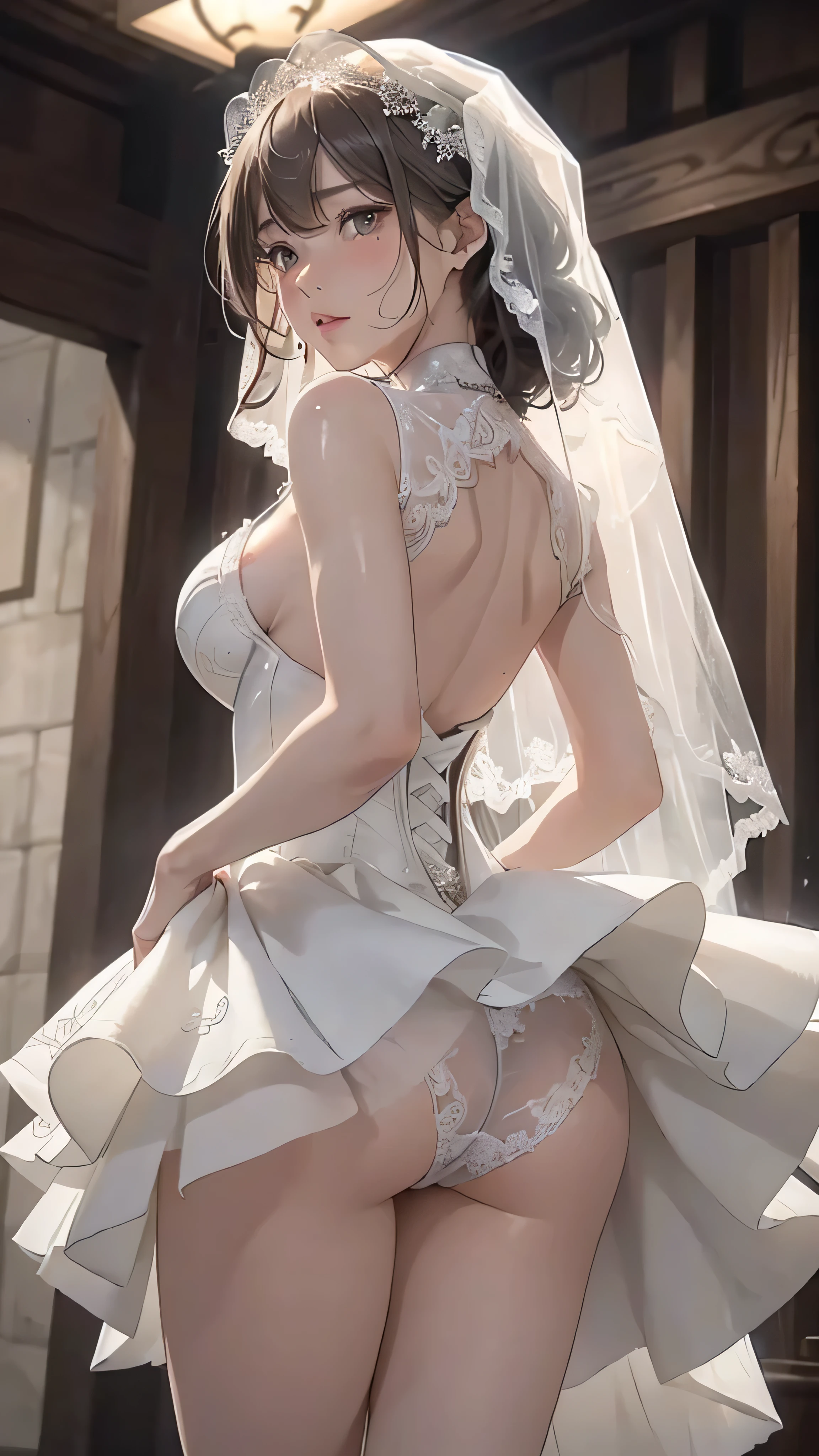 (masterpiece: 1.3), (maximum resolution: 1.2), (ultra high definition tv: 1.2), cinema light, 8K resolution, fine eyes, detailed faceの特徴, , (The focus is on the face:1.2),perfect style, cute face, Accurate, anatomically correct, Highly detailed face and skin texture, fine eyes, double eyelid, thin eyebrows, glitter eyeliner: 1 natural cheek, shiny skin, Fair skin, Glossy skin: 1.2, (glossy lips: 1.4),、 (embarrassed look: 1.2),27-year-old woman, (detailed face:1.2), (highest quality:1.2), Retrospective shot of rear loam、angle from below, Low - Angle, from behind, cinematic lighting, perfect style, beautiful face, (skirt lift:1.4), loose and wrinkled white panties, stockings, blush、humiliation、impatience、glare、tears、embarrassing、surprised expression、Anger expression、 (Wedding dress:1.5),veil、full of sweat、silver hair、green ash eye、Retrospective shot of rear loam、Low - Angleから、soaking wet、Overflowing sperm、Sperm in the ass、sperm on thigh、flowing sperm(fascinating butt:1.2),、exposed panties、disheveled clothes、exposed chest、