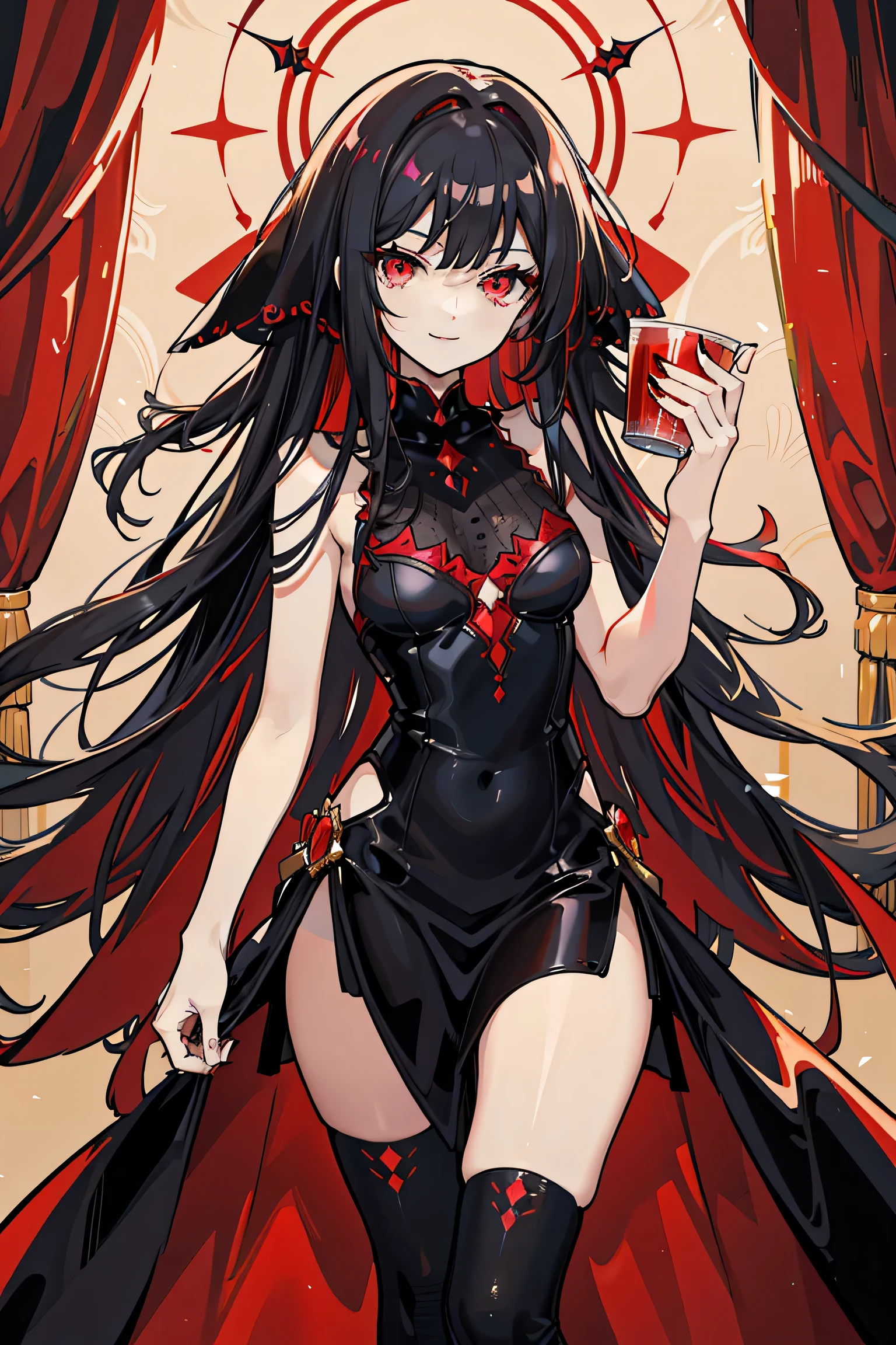 Long Black and red hair，Delicate makeup and glossy face，Slim and smooth legs， a sweet girl,Evil,thick,A cup,princess,hair spreading through out,smiling,colorful background,revealing white wedding dress
