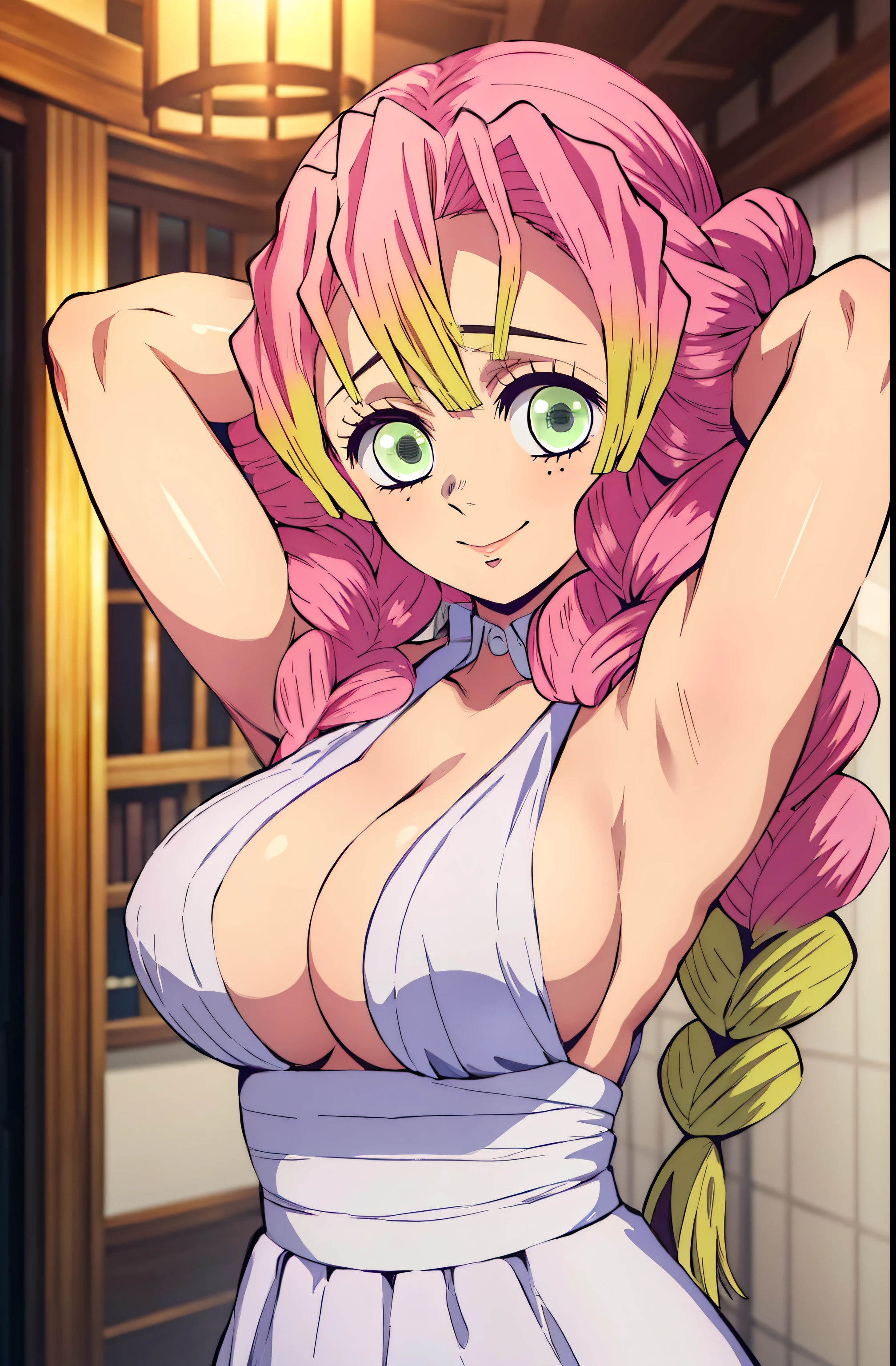 (obra maestra, mejor calidad), 1chica, MitsuriKanroji, deslumbrante, sonrisa, breast, armpits, both hands in head, middle body,