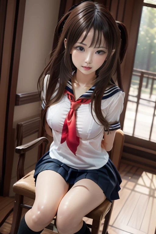 super detailed,very detailed,highest quality,masterpiece,figure,realistic,
BDSM,Serafuku binding,((complete anatomy of a woman、It&#39;s not a malformation))、
1 girl, alone, school uniform,  serafuku,sailor collar,neckerchief, skirt, 
rope,bound, bondage, shibari, shibari over clothes, restrained, 
((looking at the viewer))、sitting, turn your arms behind your back,breast bondage, 
indoors,bed, 
 