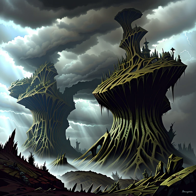 Gods of the cataclysm devastating a futurist biomechanical city. Horror art, madness monuments, landscape of horror. Color drawing,