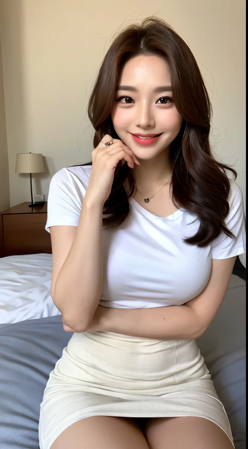 White tight shirt、White tight mini skirt、bed、smile、short sleeve、high resolution、Hallyu Idol Face