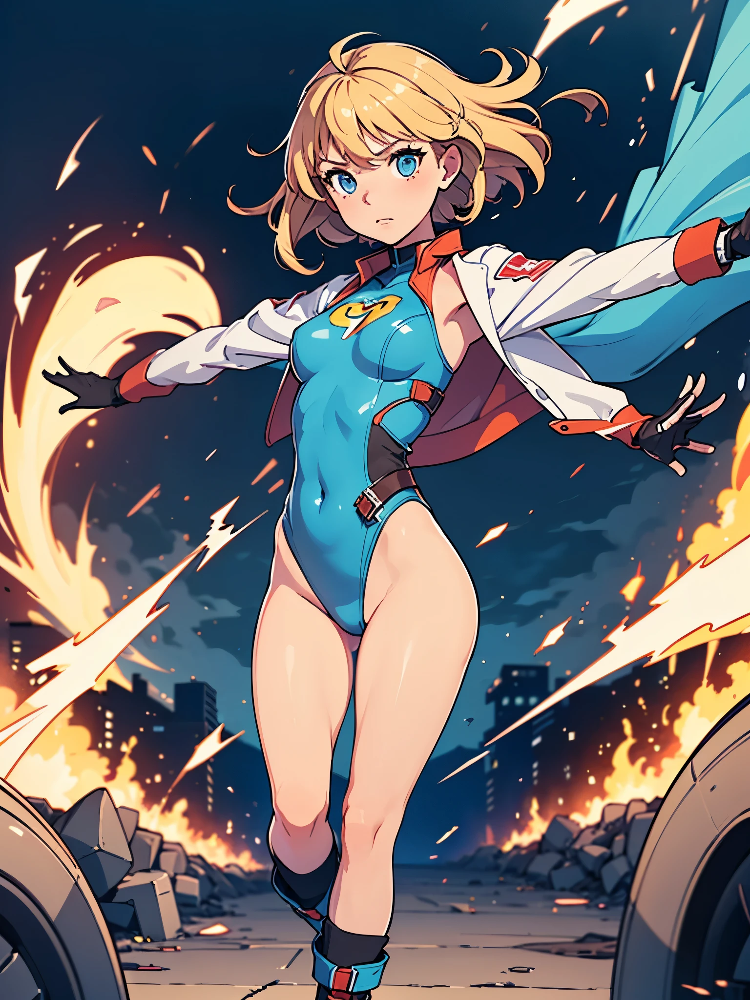 1girl, medium breasts, ((leotard, highleg leotard, light blue leotard)), (lighting bolt emblem on chest), bare legs, (tight belt), boots, matching boots, gloves, city backdrop, solo, single, standing, full body shot, cowboy shot, superhero, beautiful detailed eyes, power, diffraction spikes, blonde hair, short hair, wavy hair, high school backdrop, outdoors, mature lady, teacher, spinning her body in rapid speed like a tornado, wind swirls, rapid gyration, girl tornado spinning, girl turning to a whirlwind, outstretched arms