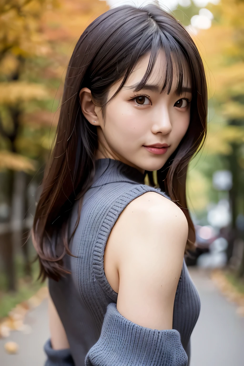 masterpiece, 1 girl per photo, cowboy shot, Front view, Japanese young cute girl, long bob hair, Walk among the autumn leaves of the Japan, big smile, Wearing a dark brown knitted cardigan over a white turtleneck sweater, Wearing a denim skirt, Wearing long black leather boots, super cute face, glossy lips, double eyelids of both eyes, natural makeup, shiny smooth light brown hair of long bob hair, asymmetrical bangs, tanned skin, center image, 8K resolution, high detail, detailed hairstyle, detailed face, cinematic lighting, octane rendering, surreal, perfect limbs, perfect ???????