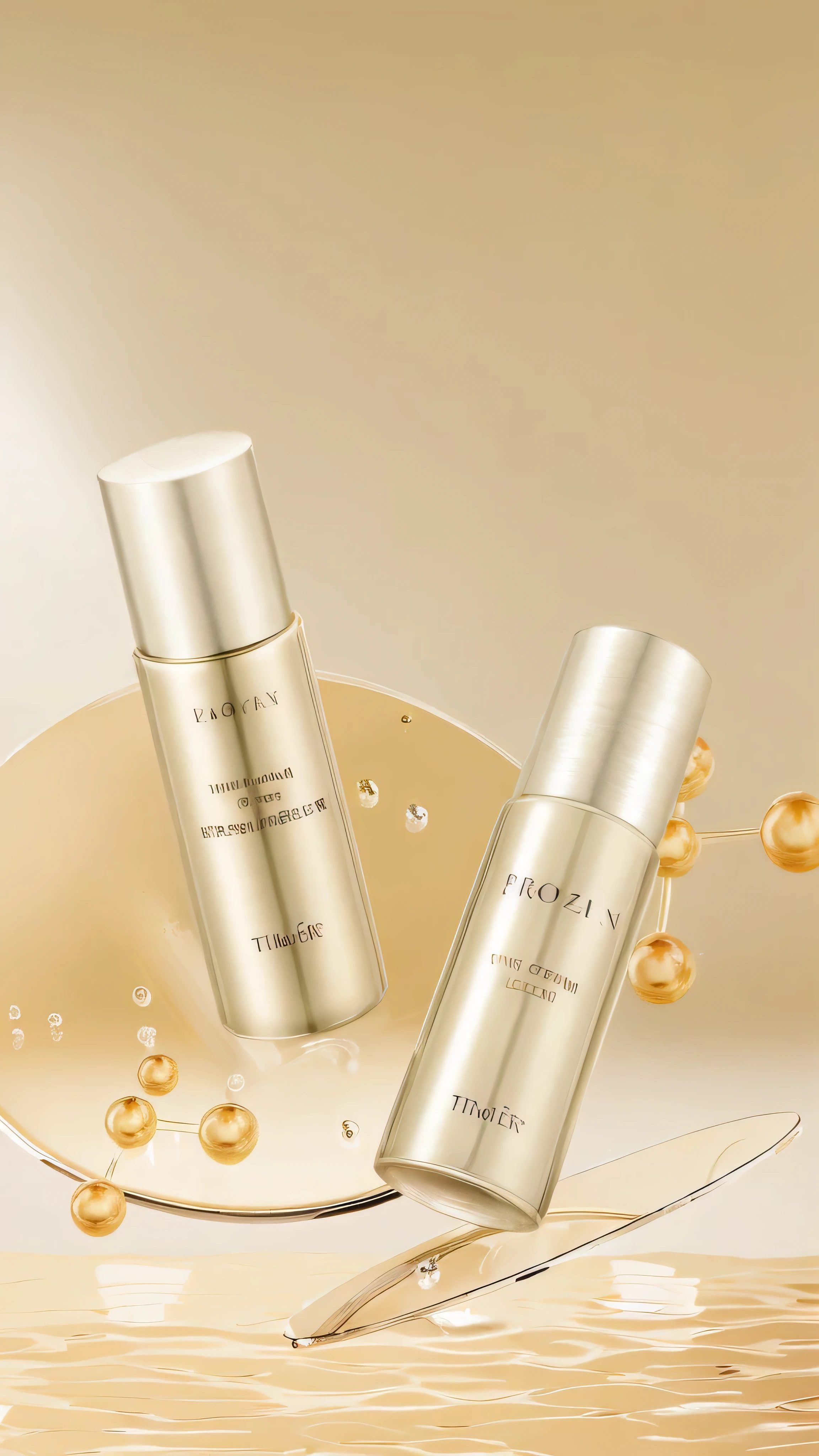There are two bottles of skin care products on a plate, eternal, bronze, Clear and smooth lines, Made of polished brittle material, author:Zhongshan wins, smooth shiny texture, shiny skin”, author:Tajima Hiroyuki, smooth golden skin, skin care, beauty campaign, Manicured neatly, from me, smooth golden skin, Clear and smooth lines, Skin glows、soft, thumbnail
