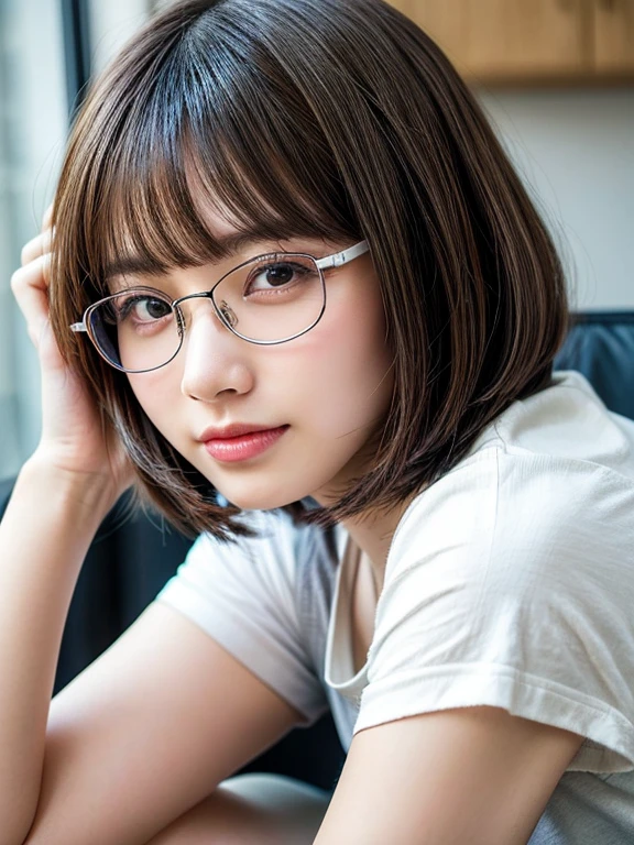 Japanese、beautiful girl、Short Bob、Thin, silver-rimmed round glasses、Early 20s、Beautiful breasts、Inconspicuous、Quiet、front、Upper Body、Re、Ultra-realistic capture, Highly detailed, High resolution 16k close-up of human skin, RAW Photo, Best Quality, Highly Detailed, Ultra Detailed, Best Quality