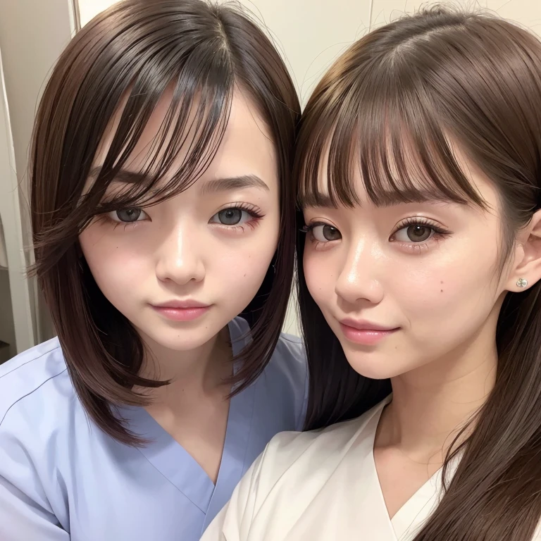 Blowjob filmed from above、Close-up face、Turquoise nurse uniform、Split squats、Earrings、Forehead exposure、short hair、Hair tied at the back、Blowjob with a smile、Mole on the mouth、Two nurses、