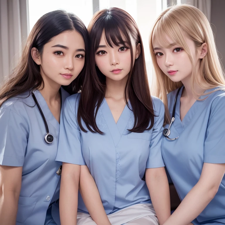 highest quality, 8K, masterpiece, very detailed, high detail, 1 girl, With two people, 24-years-old, japanese women, random hair color, , glossy lips, double eyelid, random hairstyle, nurse uniform, smile, Random Posing, hospital,beautiful style, model body shape,