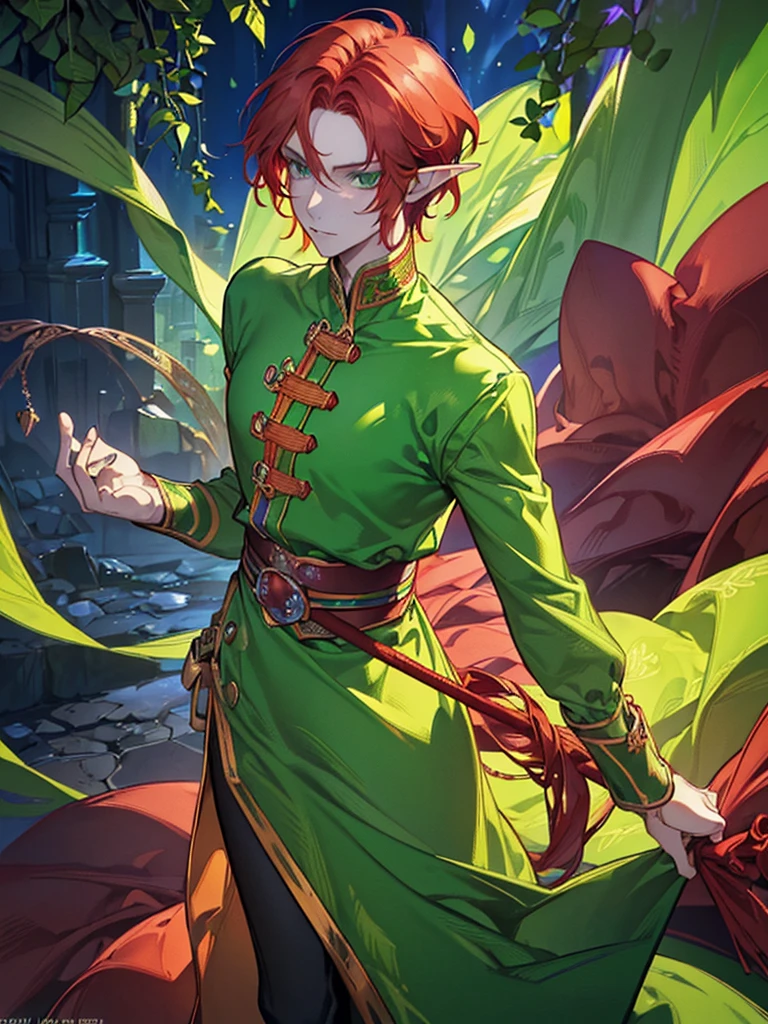 (((I want an elf MAN, red hair and lime green eyes, strong body wearing prince clothes, being alone, a bored expression, Muscular)))