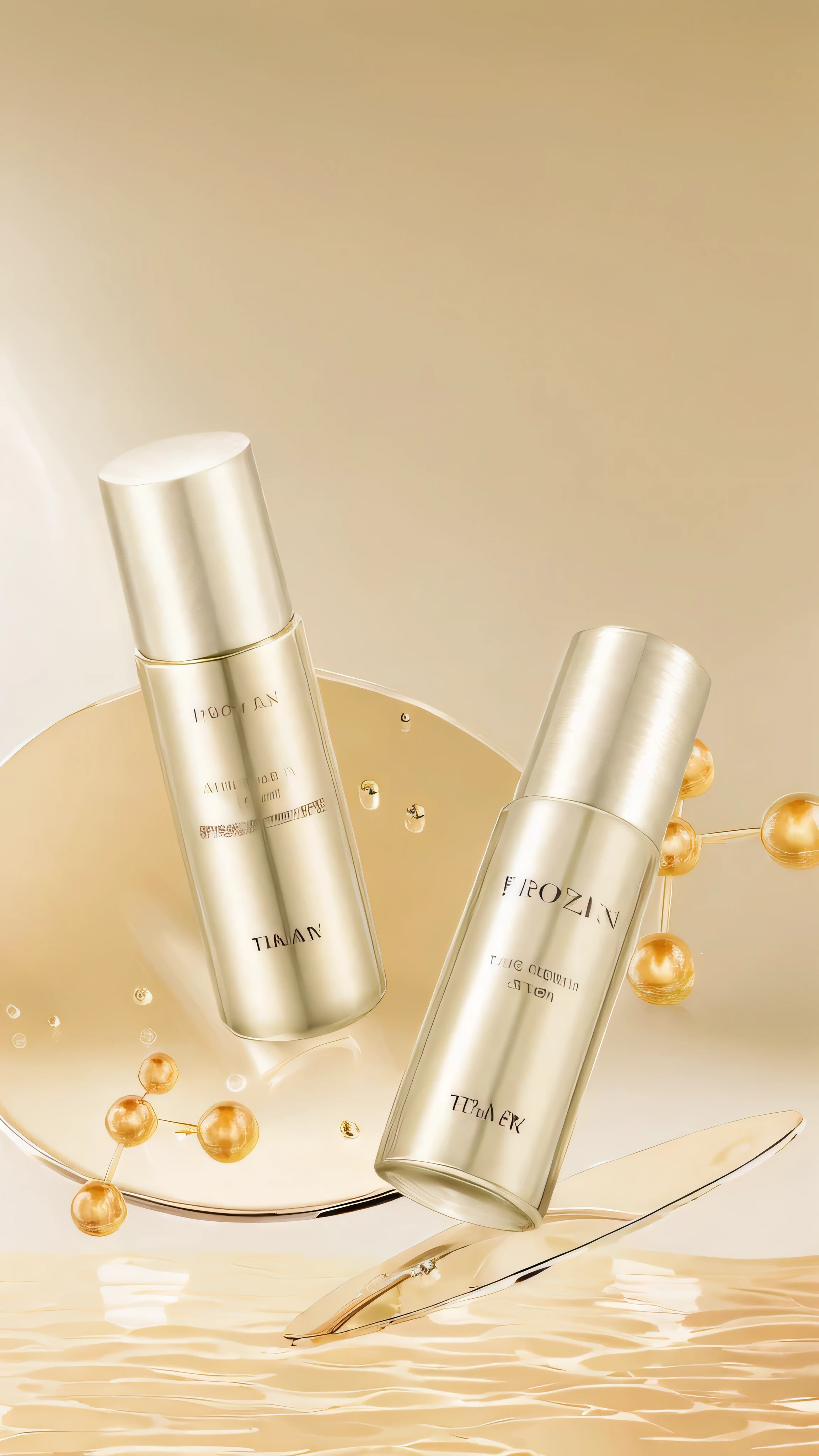 There are two bottles of skin care products on a plate, eternal, bronze, Clear and smooth lines, Made of polished brittle material, author:Zhongshan wins, smooth shiny texture, shiny skin”, author:Tajima Hiroyuki, smooth golden skin, skin care, beauty campaign, Manicured neatly, from me, smooth golden skin, Clear and smooth lines, Skin glows、soft, thumbnail