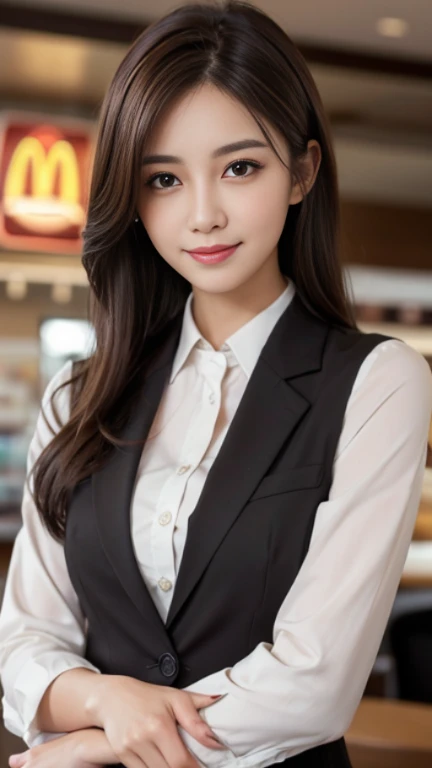 table top, highest quality, realistic, Super detailed, finely, High resolution, 8k wallpaper, 1 beautiful woman,, light brown messy hair, wearing a business suit, sharp focus, perfect dynamic composition, beautiful and detailed eyes, thin hair, Detailed realistic skin texture, smile、 (whole body~:1.3), model body shape、(mcdonalds'clerk of)、