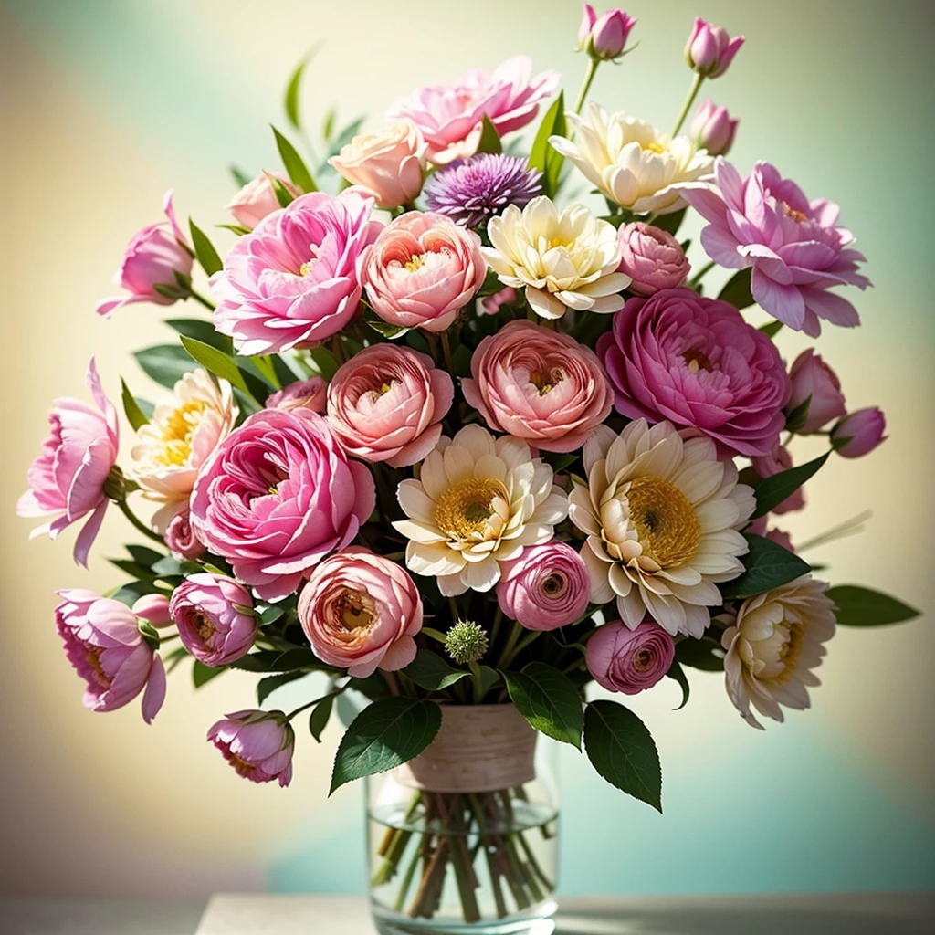watercolor,floral bouquet,detailed petals,soft pastel colors,delicate stems,loose brushstrokes,translucent layers,light washes,beautifully blended,botanical illustration,realistic flowers,romantic atmosphere,natural sunlight,highly detailed,subtle gradients,graceful composition,vivid pigments,freshness and vibrancy,ethereal beauty,lovely textures,depth and dimension,artistic expression,subtle shadows,harmonious color palette,aesthetic appeal