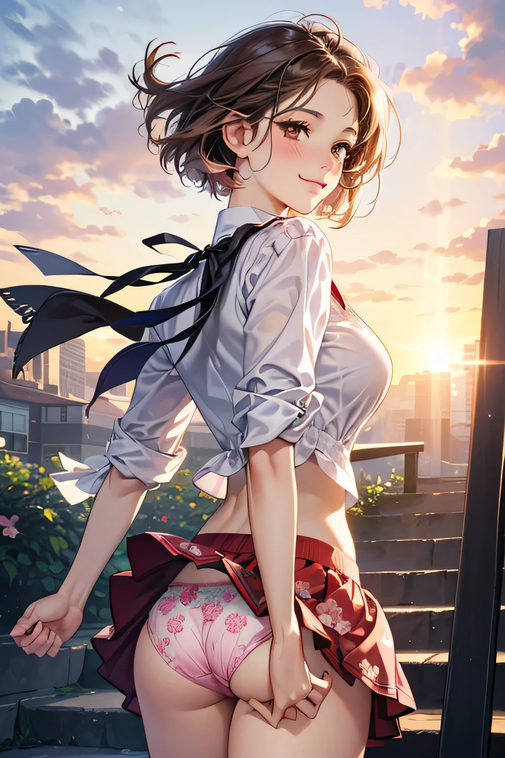 one woman, alone, middle aged, きれいなmiddle agedの女性、I could see the whole body、 ((short hair)), ((brown eyes, beautiful eyelashes, realistic eyes)), ((detailed face, blush:1.2)), ((smooth texture:0.75, realistic texture:0.65, realistic:1.1, Anime CG style)), ((glamorous body)),(( big breasts)), dynamic angle, perfect body, ((purple transparent bow, red skirt))、(Hotel stairs)、It's windy、(Very embarrassing panic smile)、looked back、I can see her ass sticking out in front of me...、Angle looking up from the bottom of the stairs、 (((The wind flipped up my skirt、My butt is now completely visible...、Pink floral panties)))、((table top, highest quality, High resolution, perfect pixel, 4K,))),