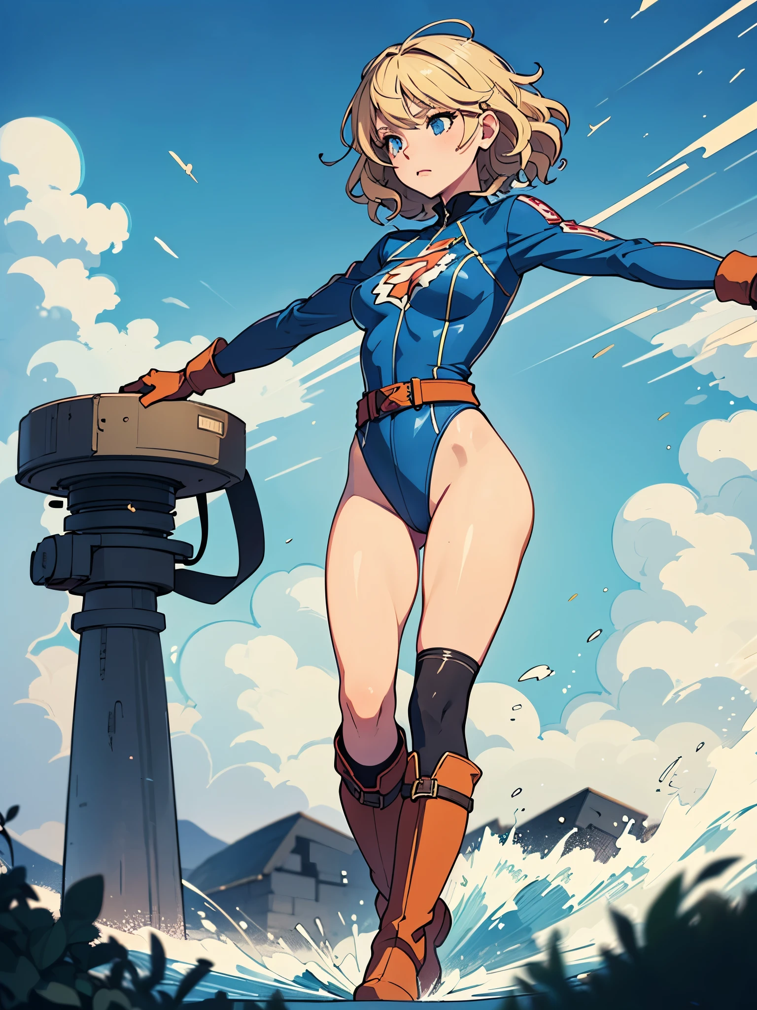 1girl, medium breasts, ((leotard, highleg leotard, light blue leotard)), (lighting bolt emblem on chest), bare legs, (tight belt), boots, matching boots, gloves, city backdrop, solo, single, standing, full body shot, cowboy shot, superhero, beautiful detailed eyes, power, diffraction spikes, ((blonde hair, short hair, wavy hair)), high school backdrop, outdoors, mature lady, teacher, spinning her body in rapid speed like a tornado, wind swirls, rapid gyration, girl tornado spinning, girl turning to a whirlwind, outstretched arms