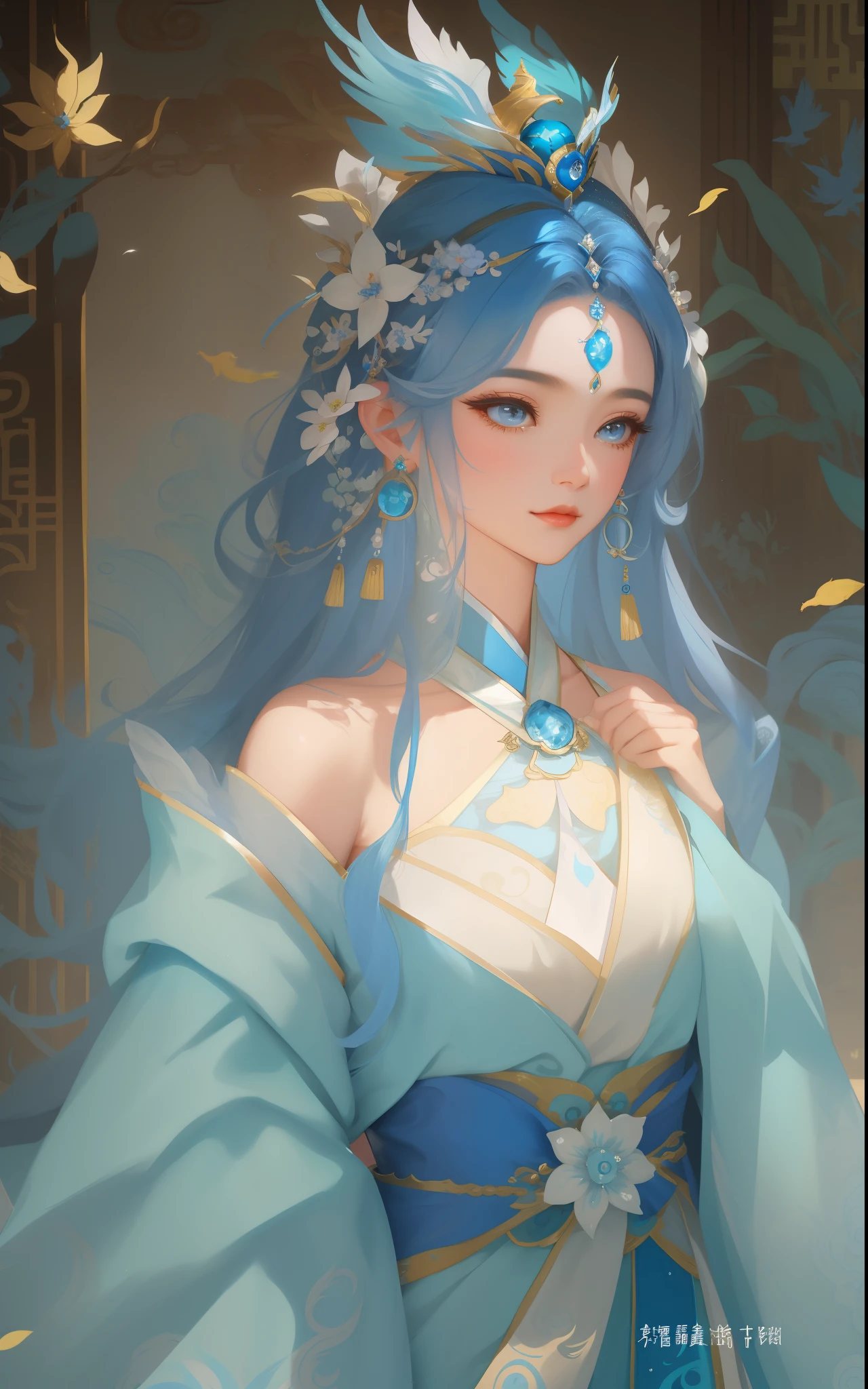 One wearing a blue dress、Close-up of woman with a bird on her head, ((beautiful fantasy queen)), beautiful fantasy queen, Inspired by Lan Ying, full body xianxia, Queen of the Sea Mu Yanling, palace ， A girl wearing Hanfu, Inspired by Qiu Ying, ancient chinese princess, beautiful figure painting, Inspired by Zhao Yuan