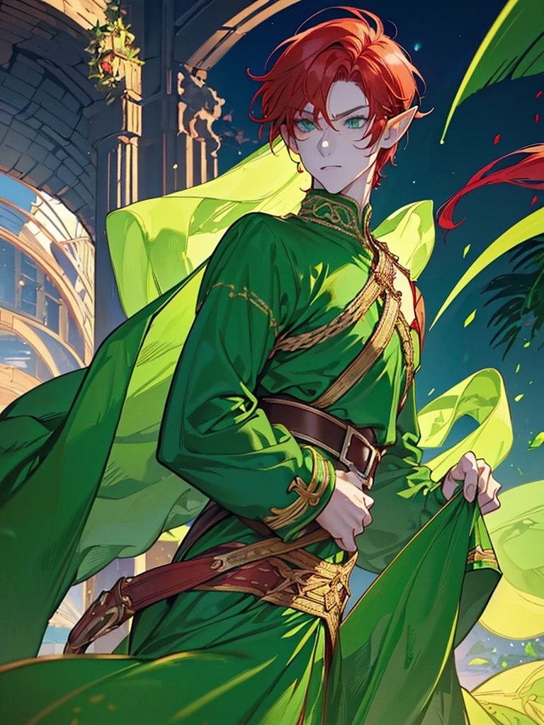 (((I want an elf MAN, red hair and lime green eyes, strong body wearing prince clothes, being alone, a bored expression, Muscular)))