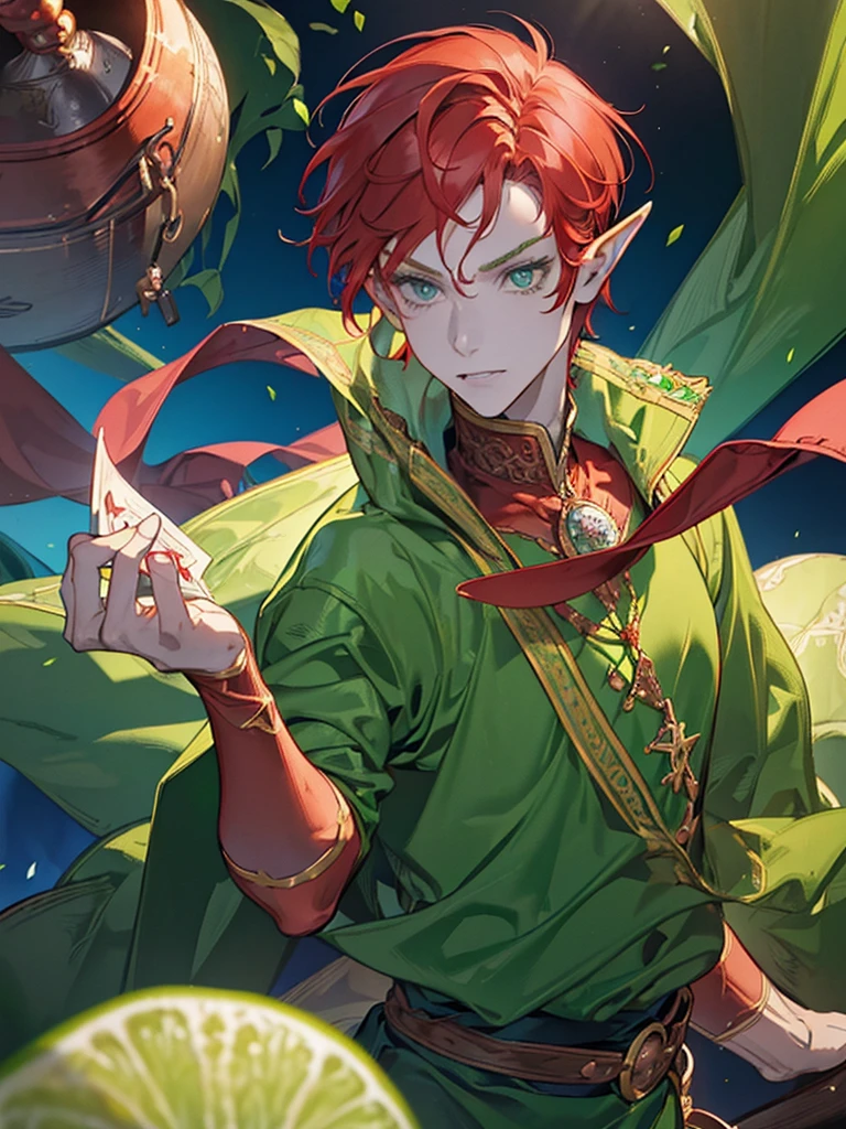 (((I want an elf MAN, red hair and lime green eyes, strong body wearing prince clothes, being alone, a bored expression, Muscular)))