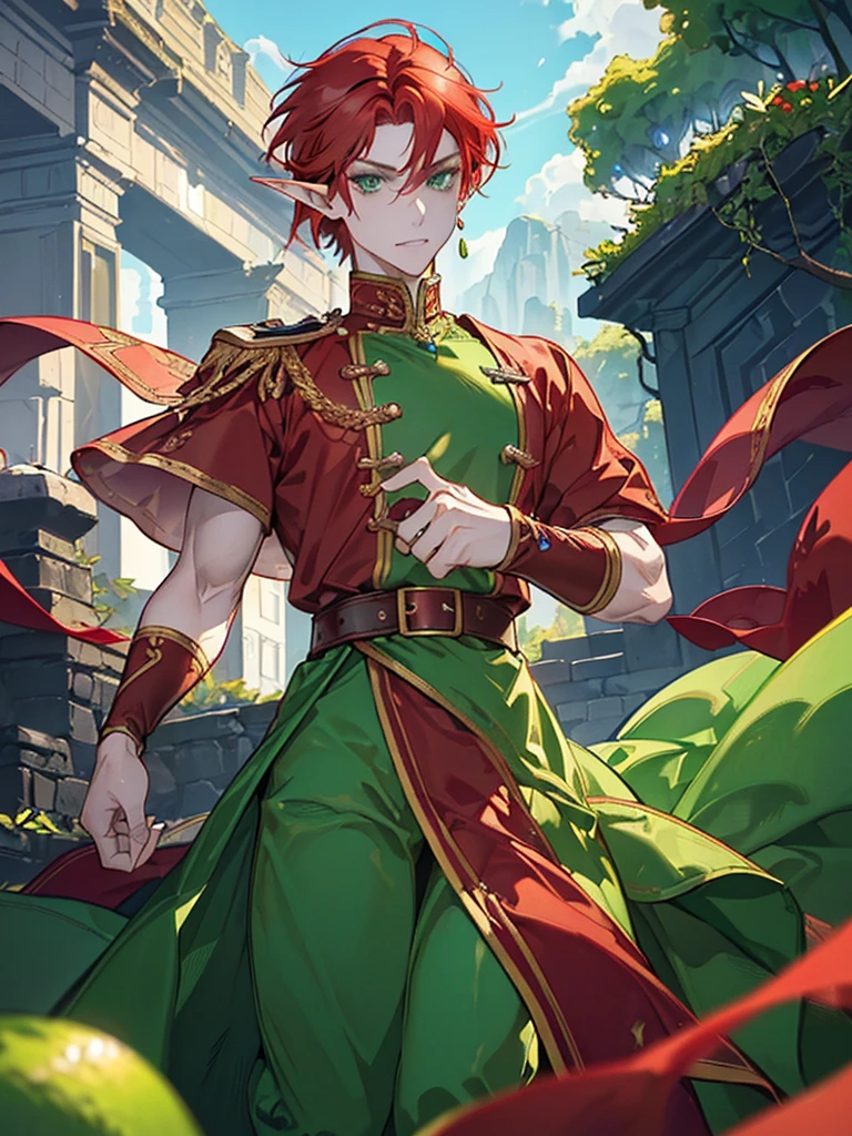 (((I want an elf MAN, red hair and lime green eyes, strong body wearing prince clothes, being alone, a bored expression, Muscular)))